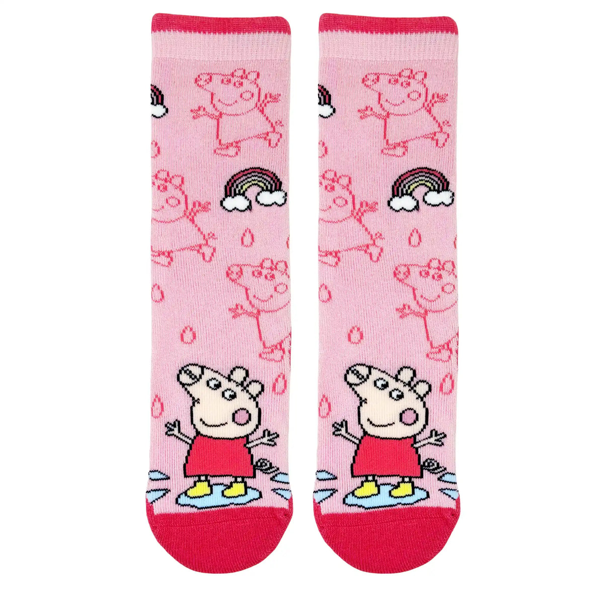Peppa pig on a welly sock with 3 other outlined peppas in the background