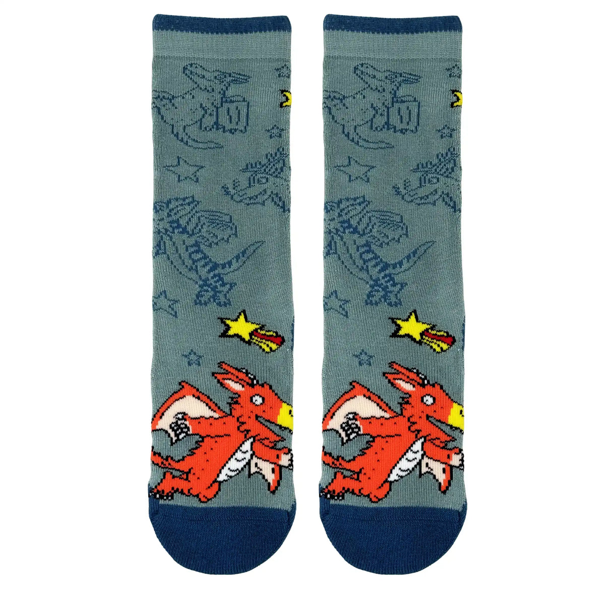 Zog on a welly sock with 3 other outlined zogs in the background