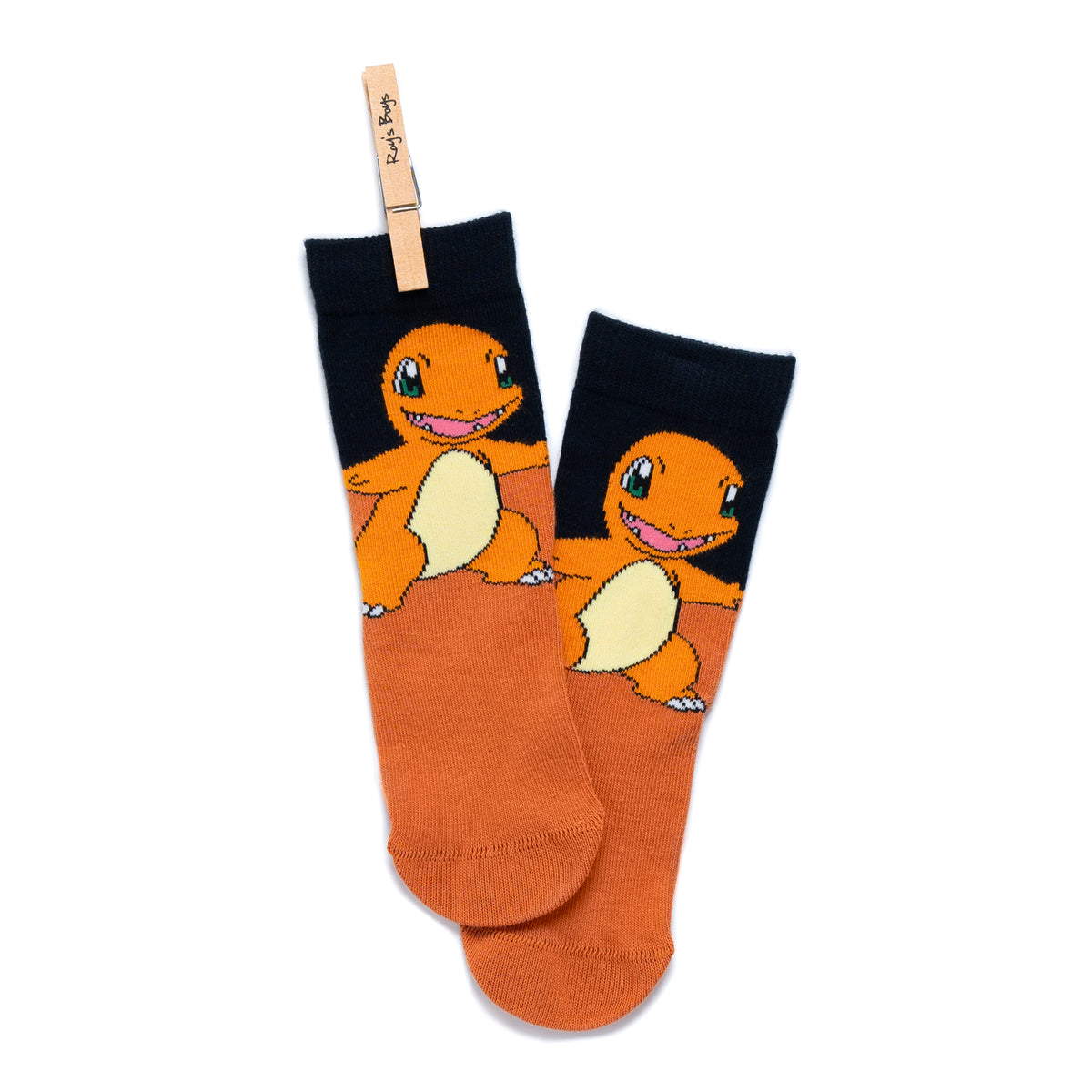 A pair of adult sized Charmander socks. Black at the top and orange from half way down and a character model on top. Wooden Roy&