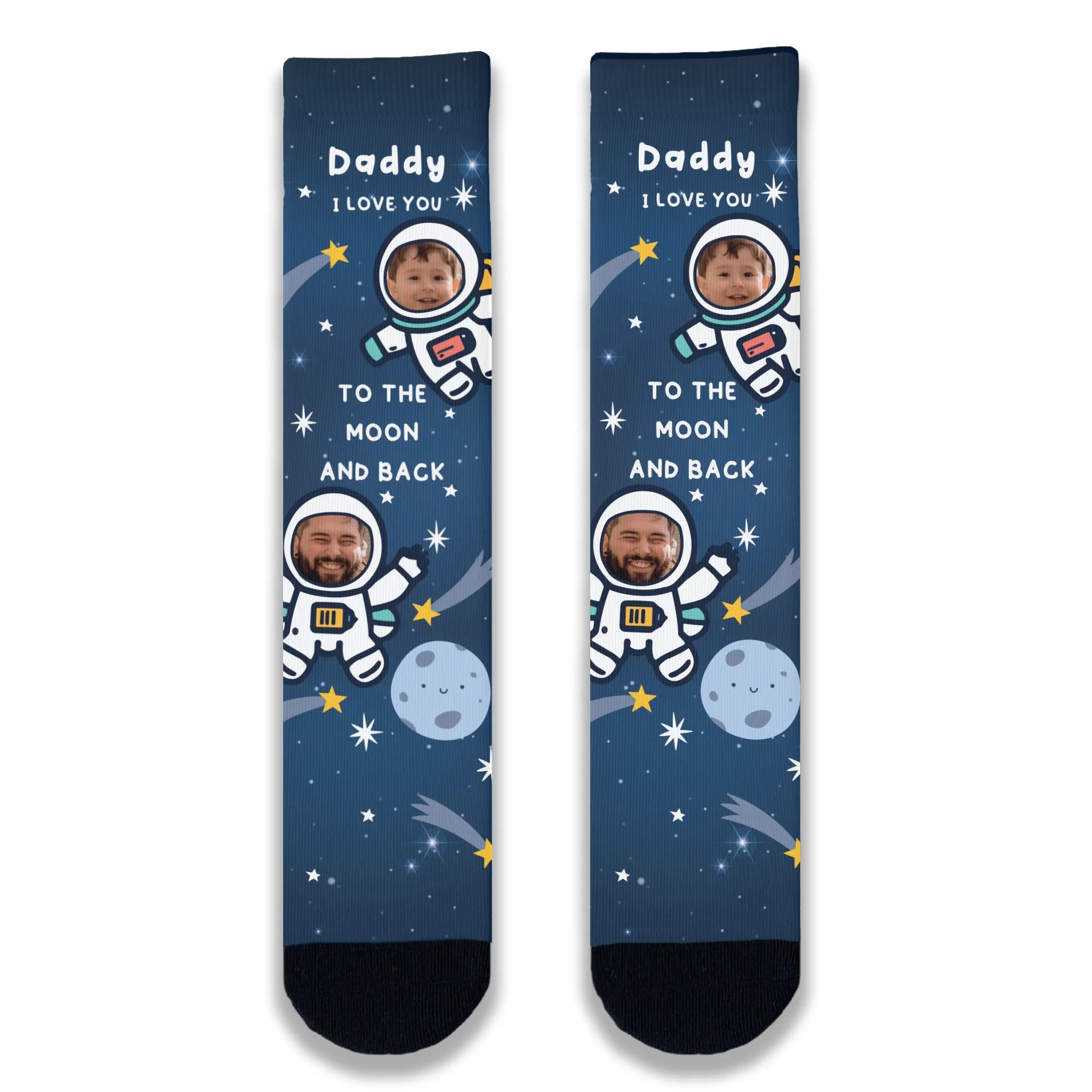 Navy space-themed novelty socks featuring stars and two astronauts with custom parent and child face prints in the helmet visors