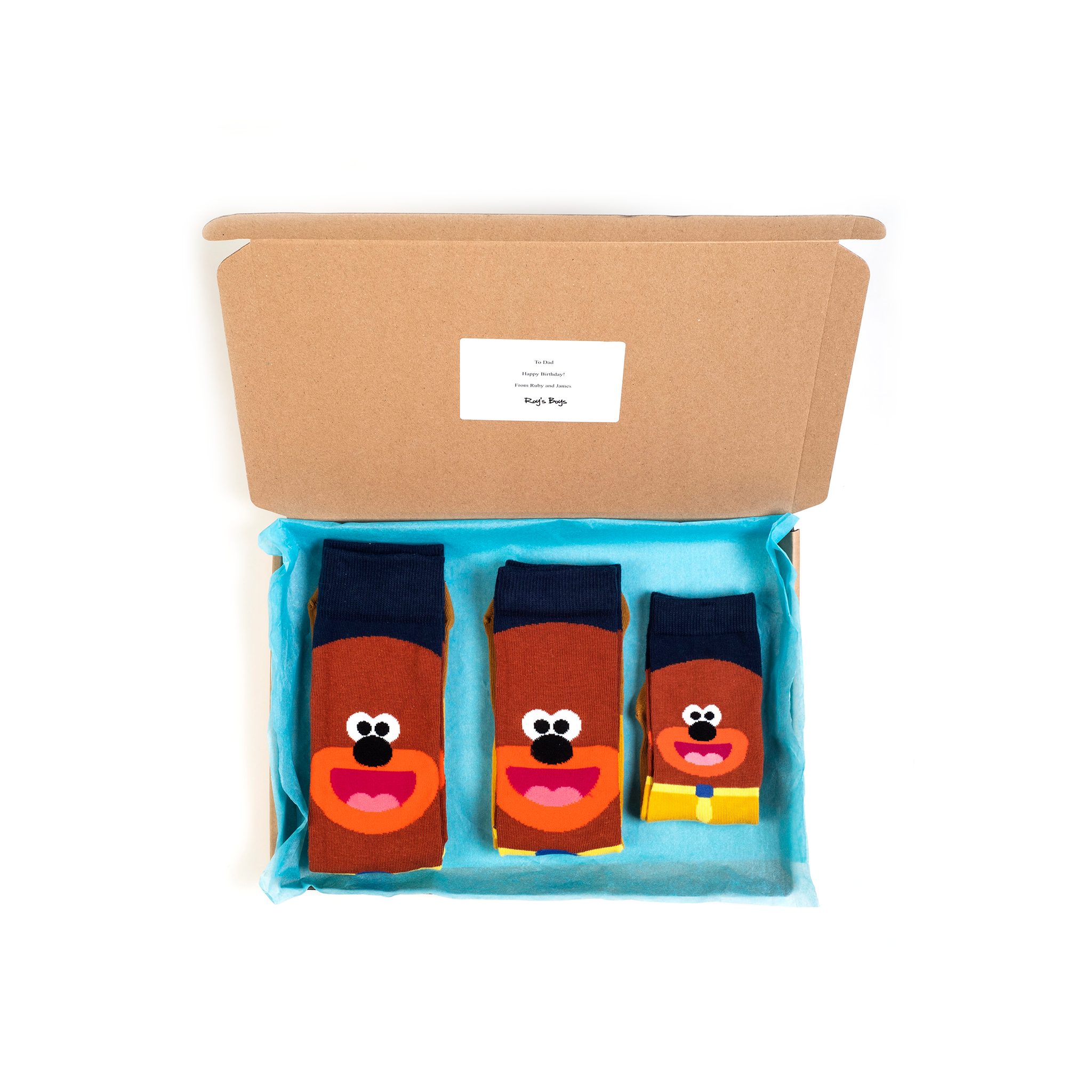 The entire set of hey duggee family in one of our plastic free gift boxes