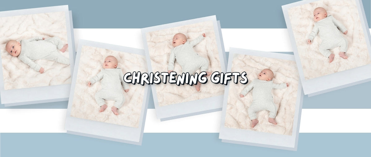 Text: Christening Gifts. Image: blue and white striped background, 5 images of baby wearing baby grow, in polaroid frames