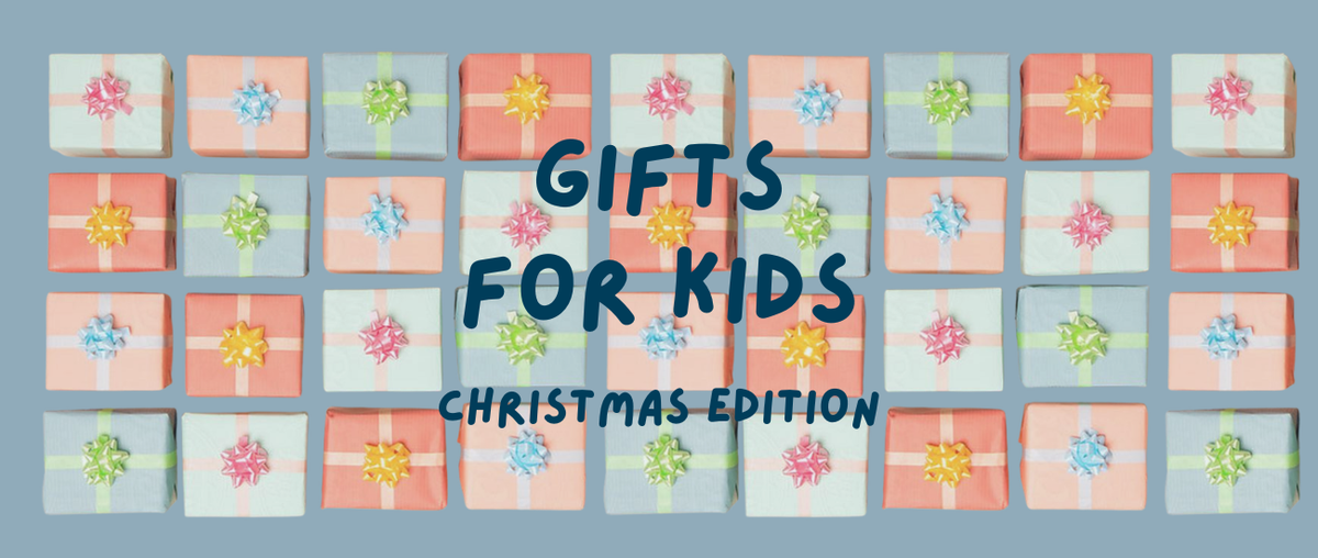 Text: Gifts For Kids Christmas Edition. Image: Presents in grid format on blue background 