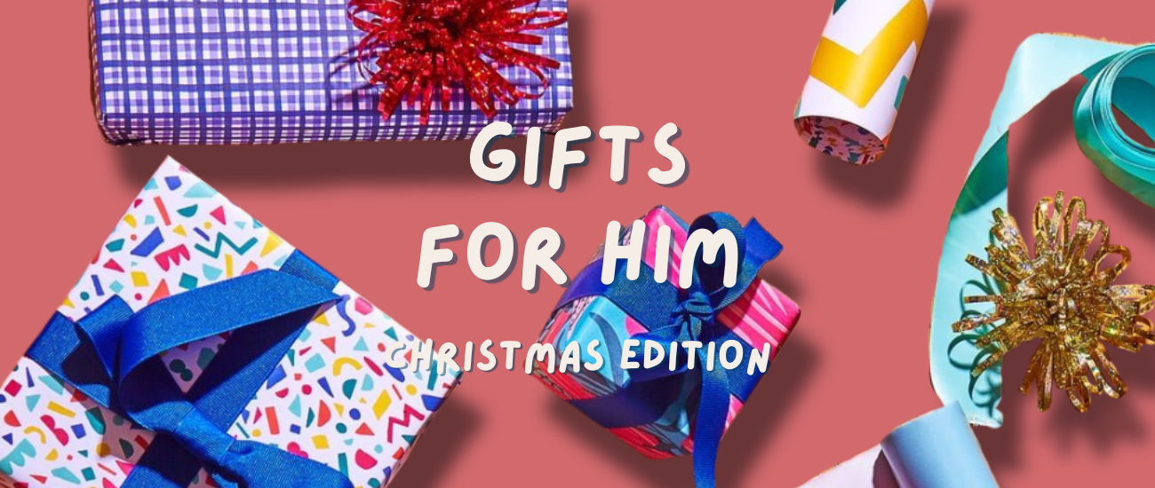 Text: Gifts for Him Christmas Edition. Image: Wrapping paper, ribbon, tinsel and wrapped presents on a red background