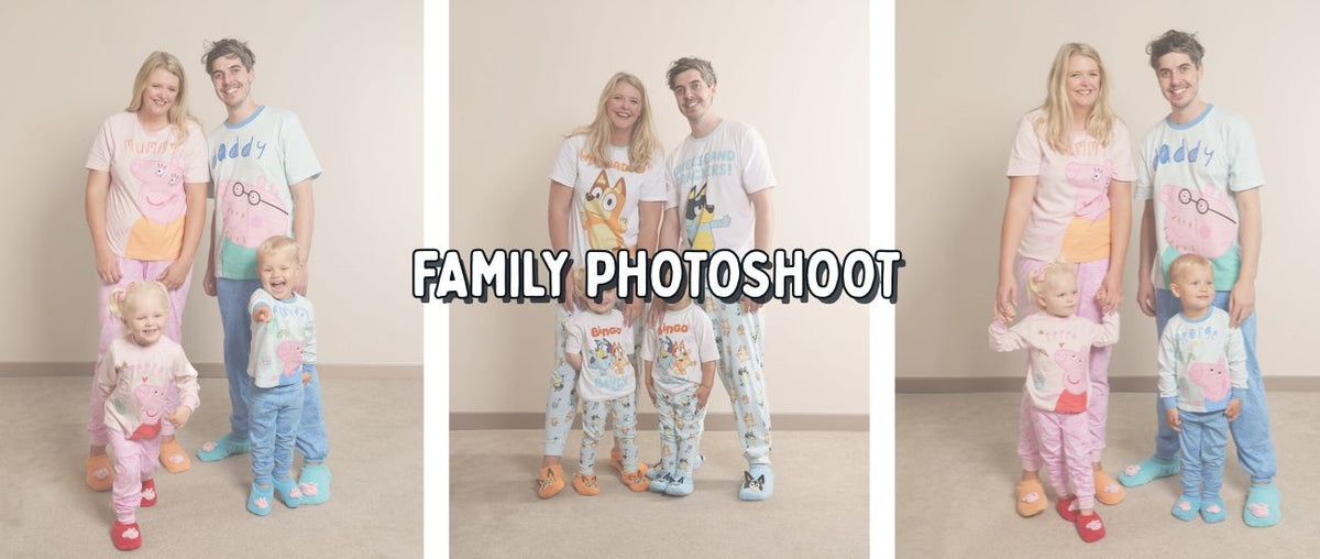 Text: Family photoshoot. Image: a family of 4 wearing matching pyjs