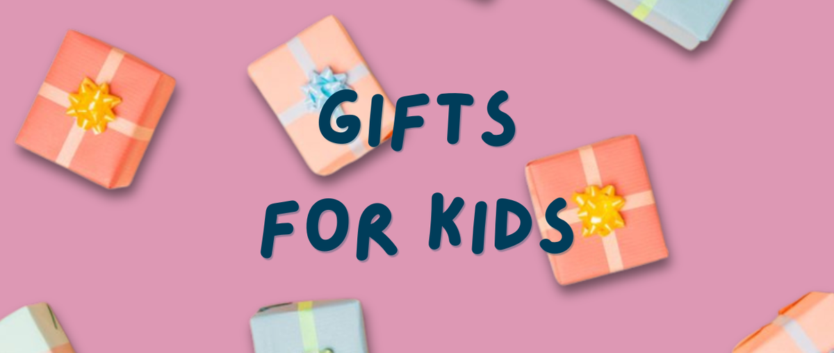 Text: Gifts for Kids. Image: Wrapped Presents on a Pink Background