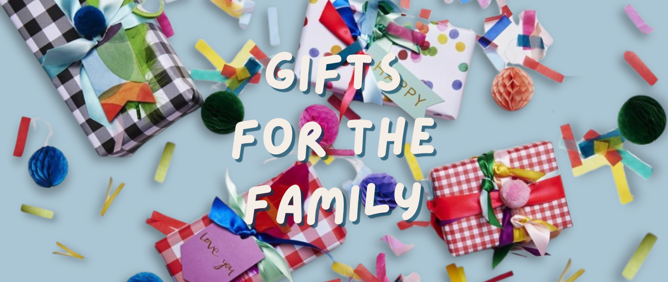 Text: Gifts For The Family. Image: Wrapped presents and confetti on a blue background