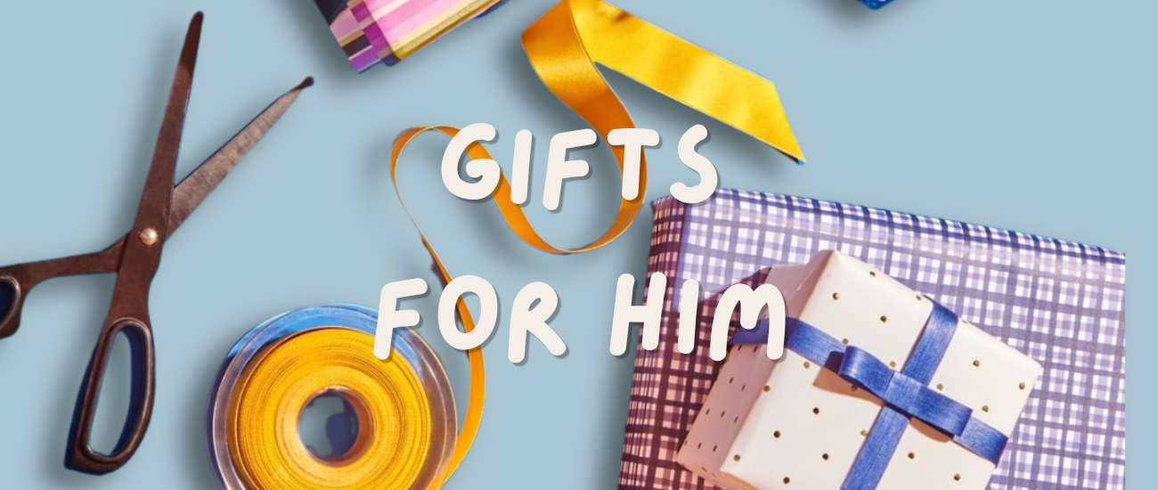 Text: Gifts For Him. Image:Wrapped gifts, scissors, ribbon on a blue background