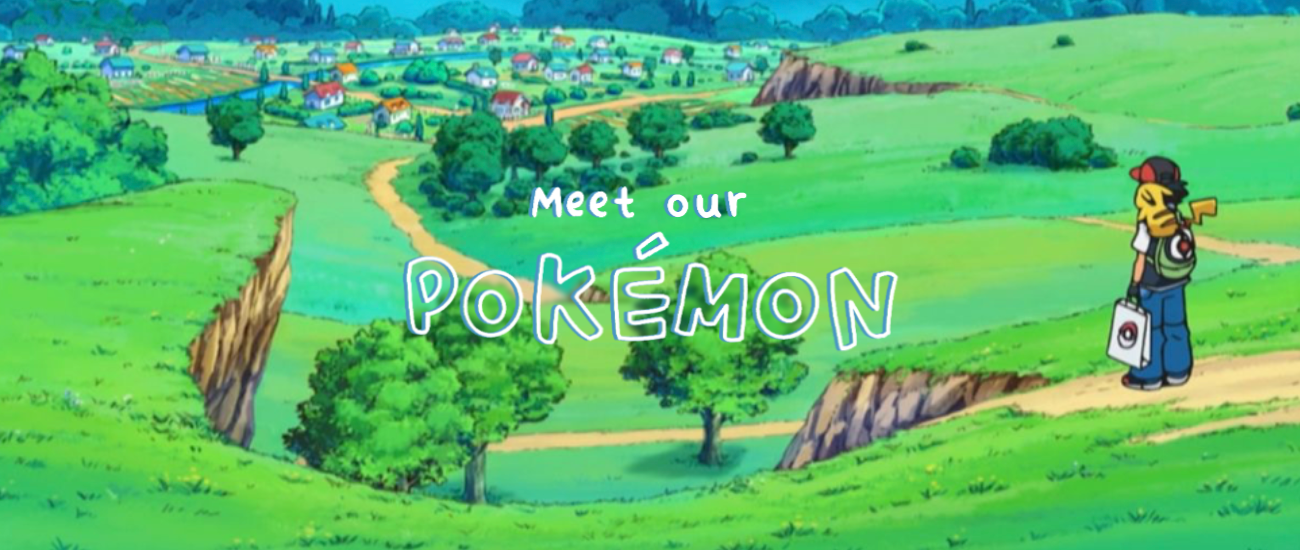 Text: Meet our Pokémon. Image: Pokémon background with ash standing with Pikachu looking out to the view