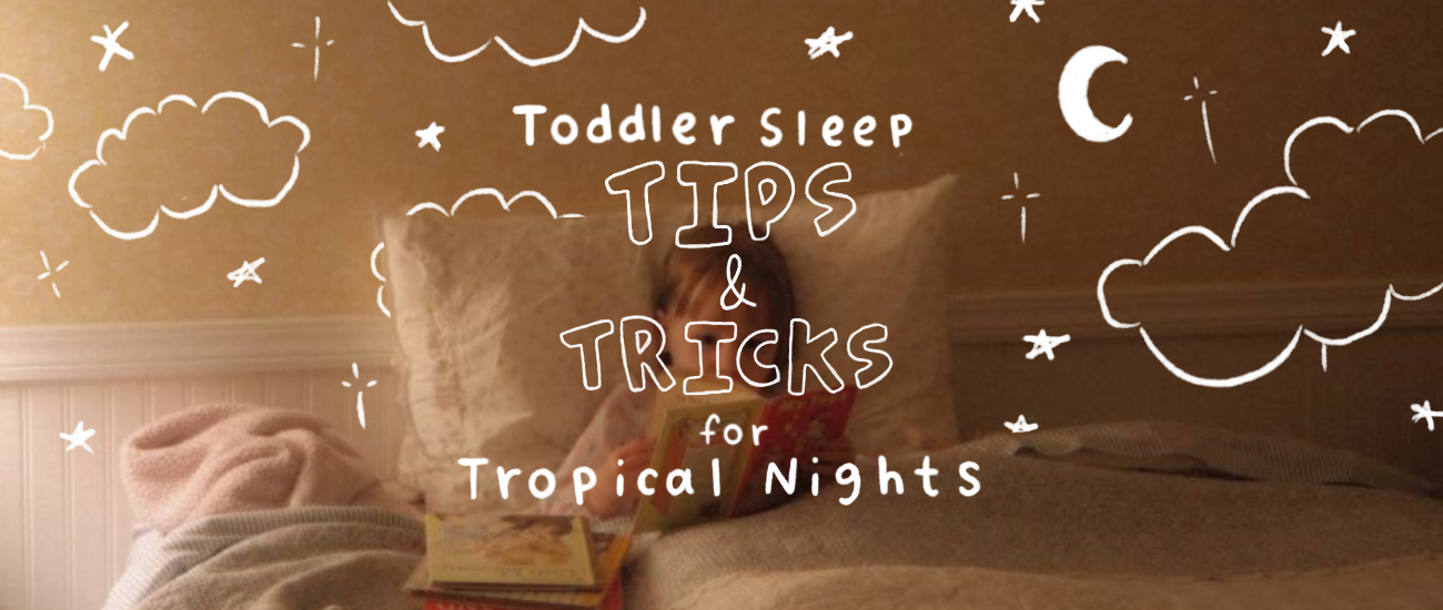Text: Toddler Sleep Tips & Tricks for Tropical Nights. Image: girl reading book in bed with night sky illustrations