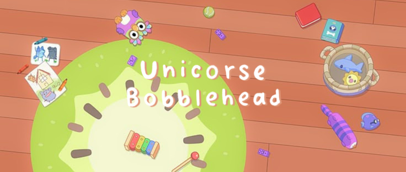 Text: Unicorse Bobblehead Image: Bluey's playroom floor with toys and a kiwi rug