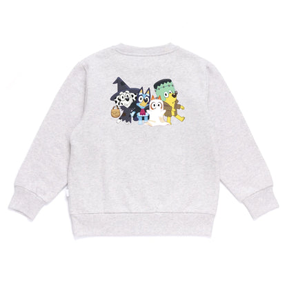 Gray sweatshirt with cartoon characters on the back against a white background