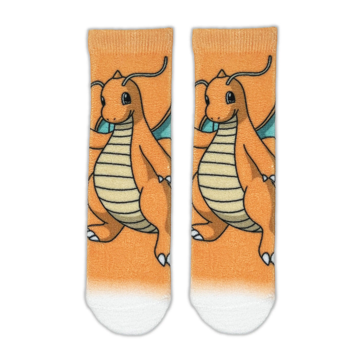 A pair of crew socks featuring a cartoon illustration of Dragonite on an orange background with a white toe section.
