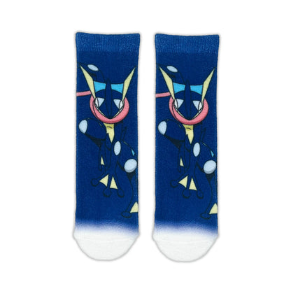 A pair of crew socks featuring a blue and white gradient design with a printed graphic of the Pokémon Greninja on the upper half and white knit fabric on the lower half.