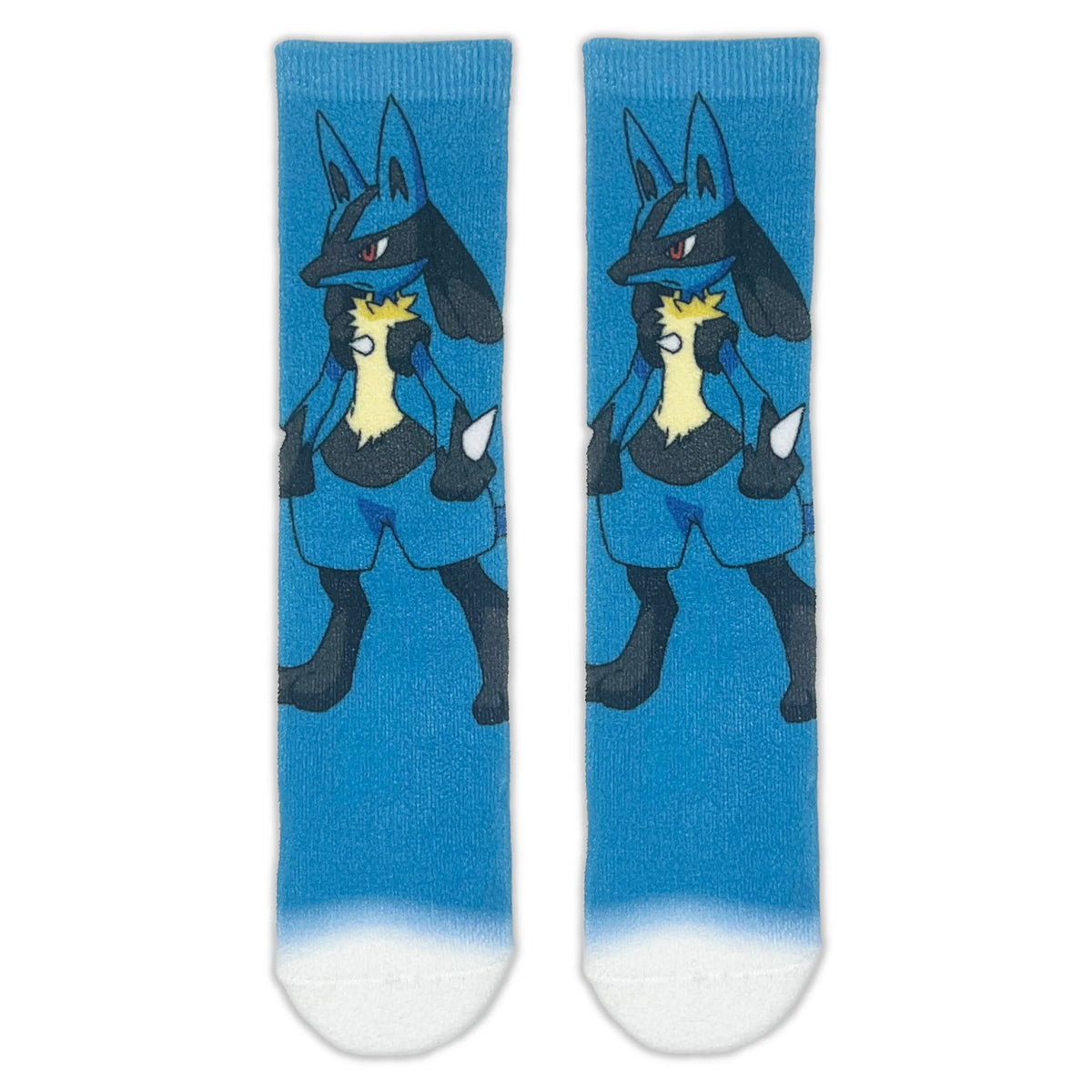 A pair of crew socks featuring a blue gradient background with a printed graphic of the Pokémon character Lucario in the center of each sock, finished with white toe caps.