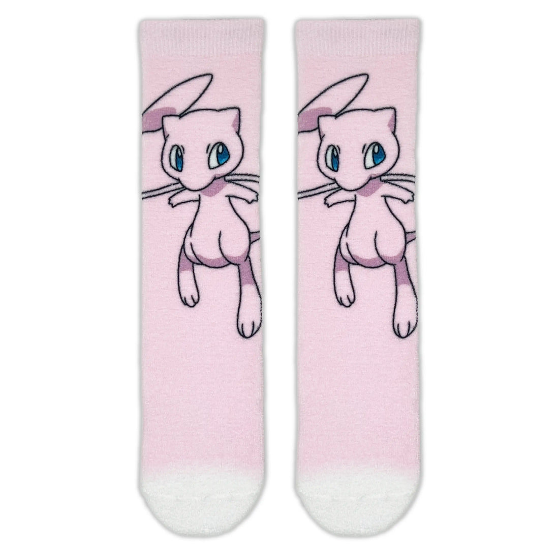 A pair of pink crew socks featuring a mew and white stripes, shown on a plain white background.