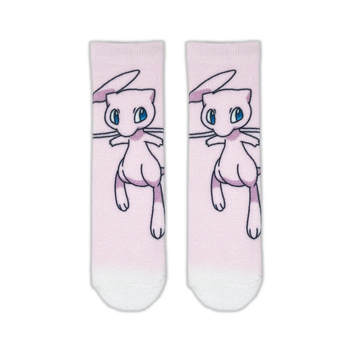 A pair of light pink crew socks featuring a printed illustration of Mew, a pink cat-like Pokémon, with blue eyes. The socks have a white toe and heel section.