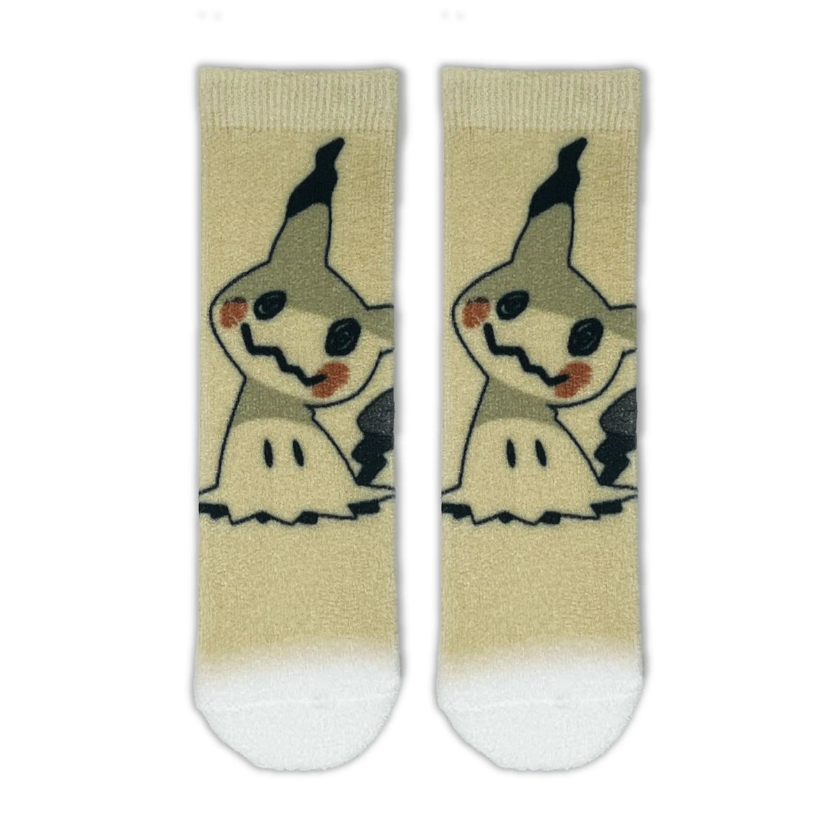 A pair of beige crew socks featuring a Mimikyu on the upper half and white tips at the bottom, shown against a plain white background.