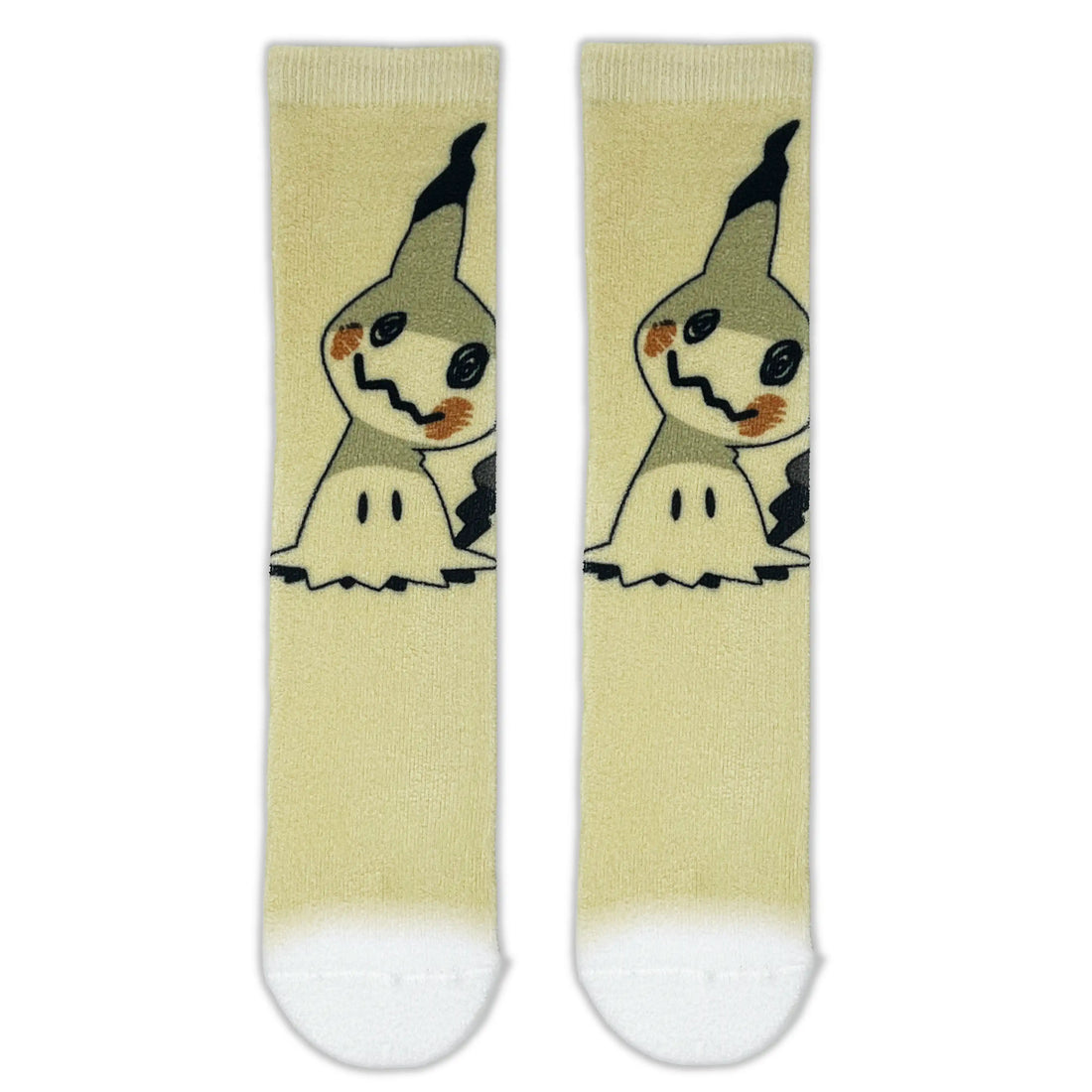 A pair of crew socks with a light yellow body, featuring a printed cartoon character resembling Mimikyu, with white toes and heels.