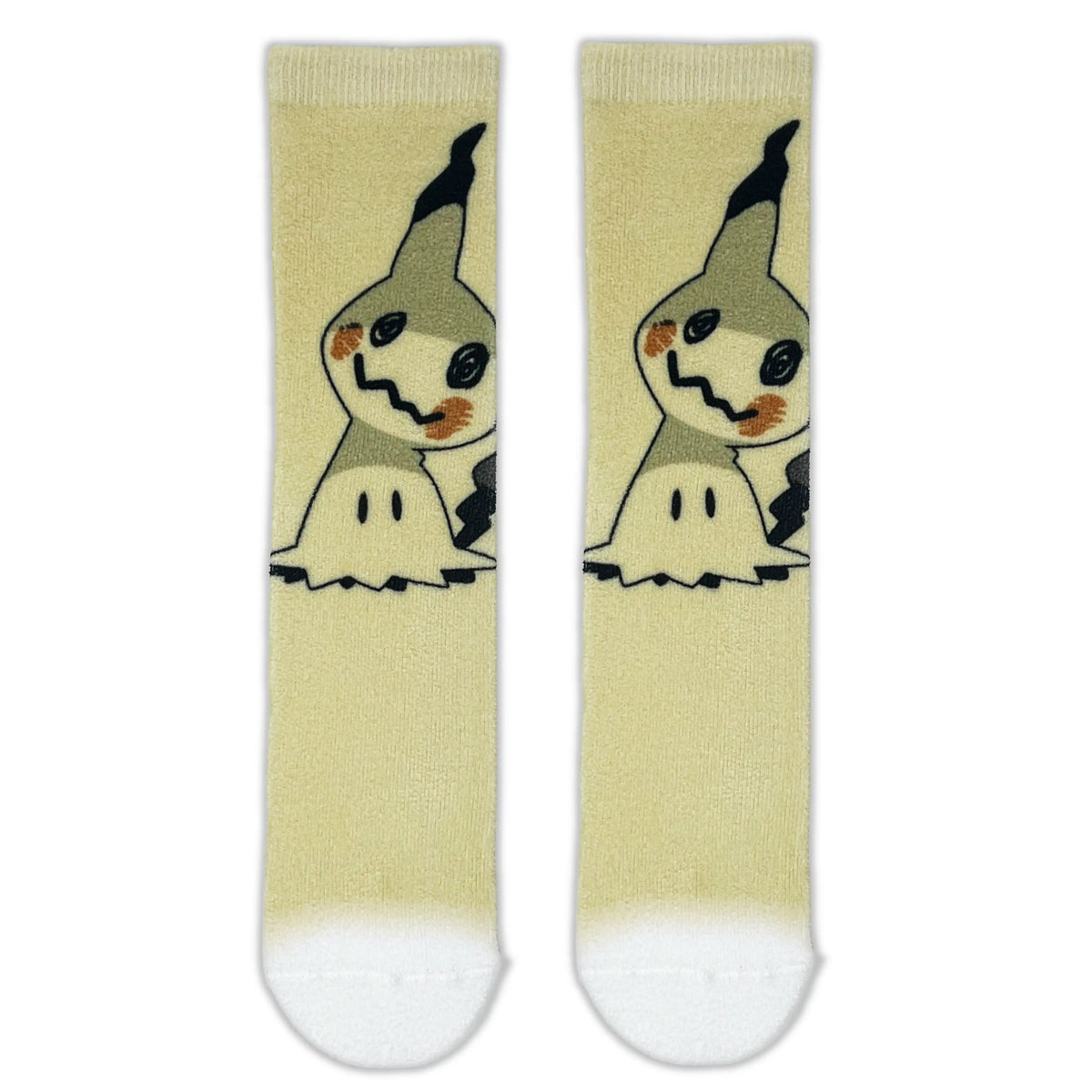A pair of crew socks with a light yellow body, featuring a printed cartoon character resembling Mimikyu, with white toes and heels.