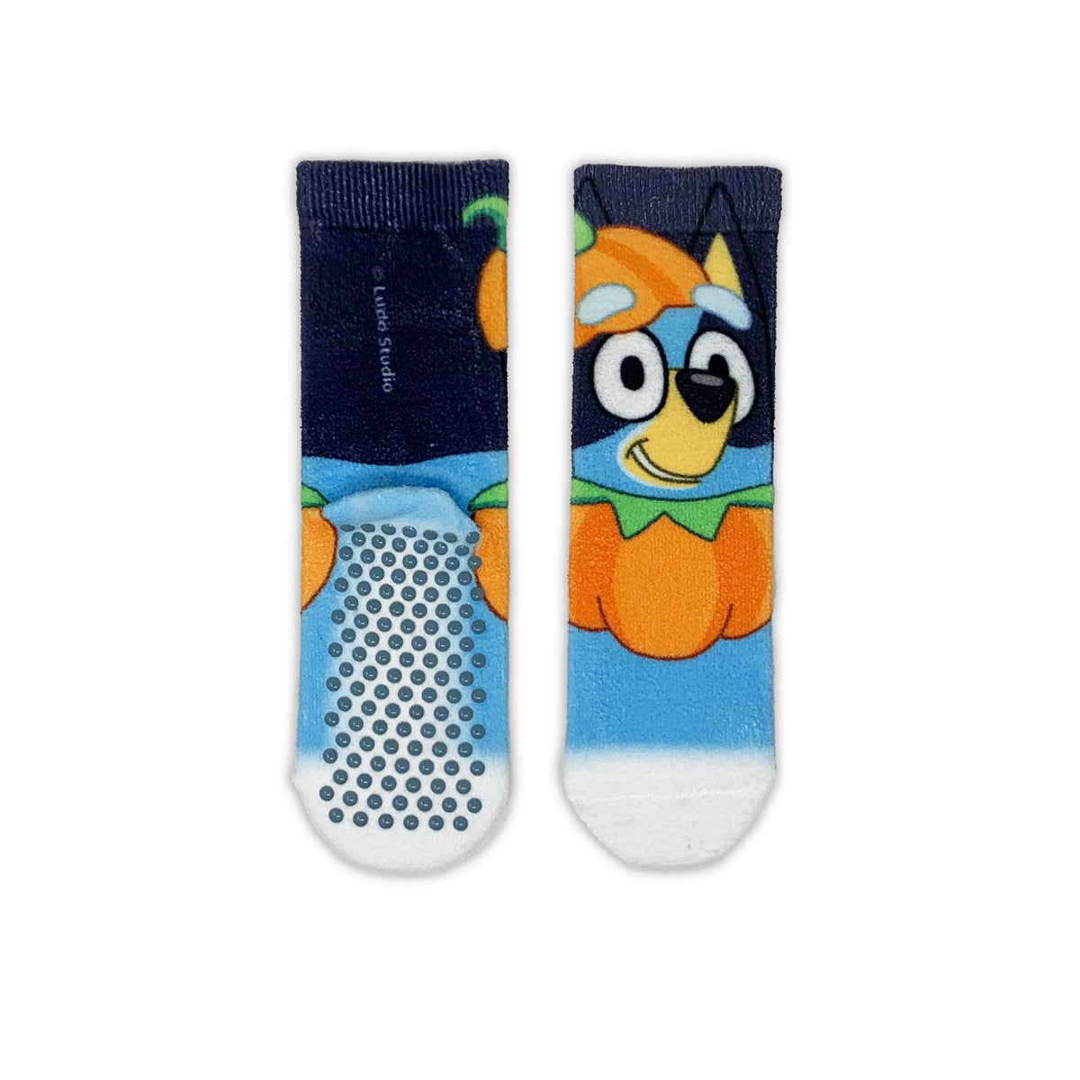 A pair of Bluey halloween crew socks featuring a colorful cartoon dog character design, shown flat against a solid white background. Front and back