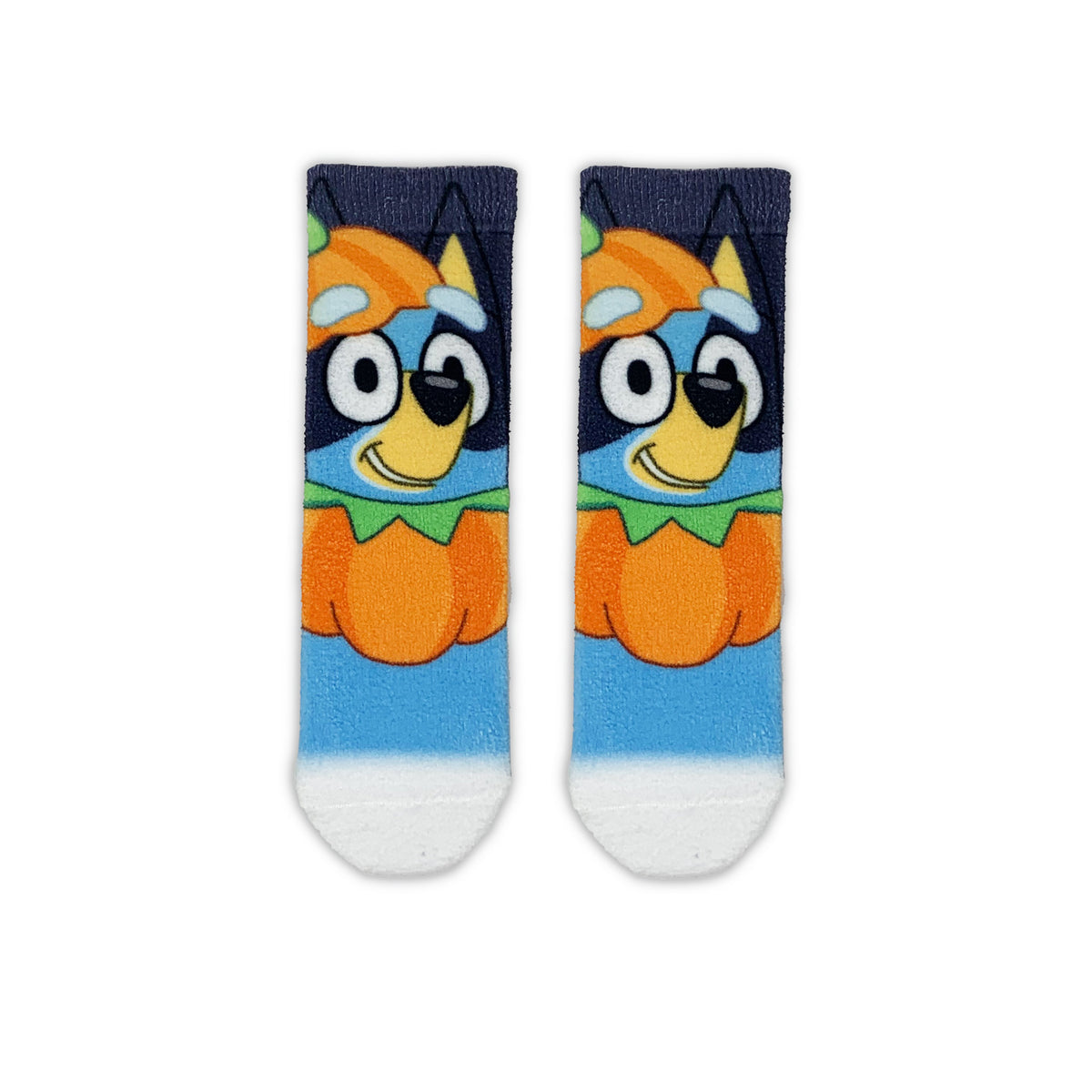 A pair of Bluey halloween crew socks featuring a colorful cartoon dog character design, shown flat against a solid white background.