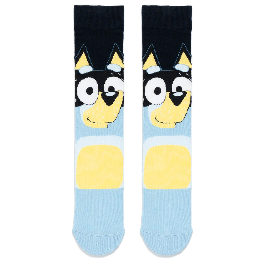 Front view of navy blue adult novelty socks featuring the face of Bandit from the show Bluey