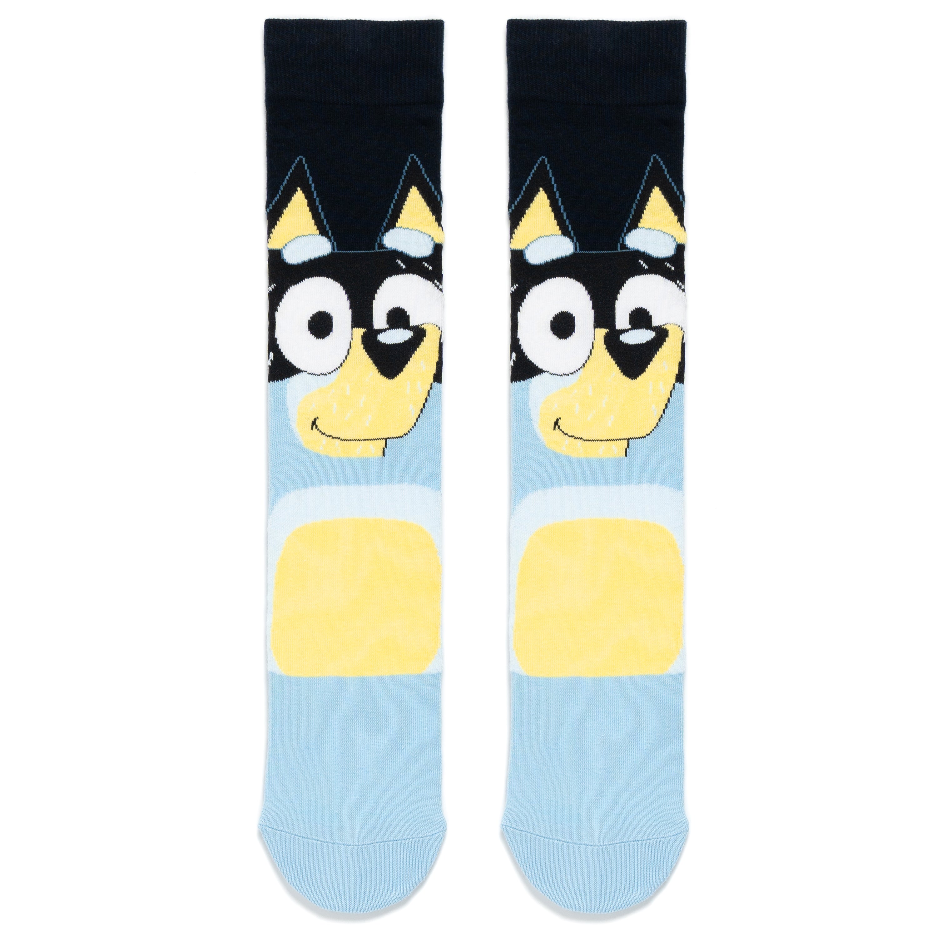 Front view of navy blue adult novelty socks featuring the face of Bandit from the show Bluey