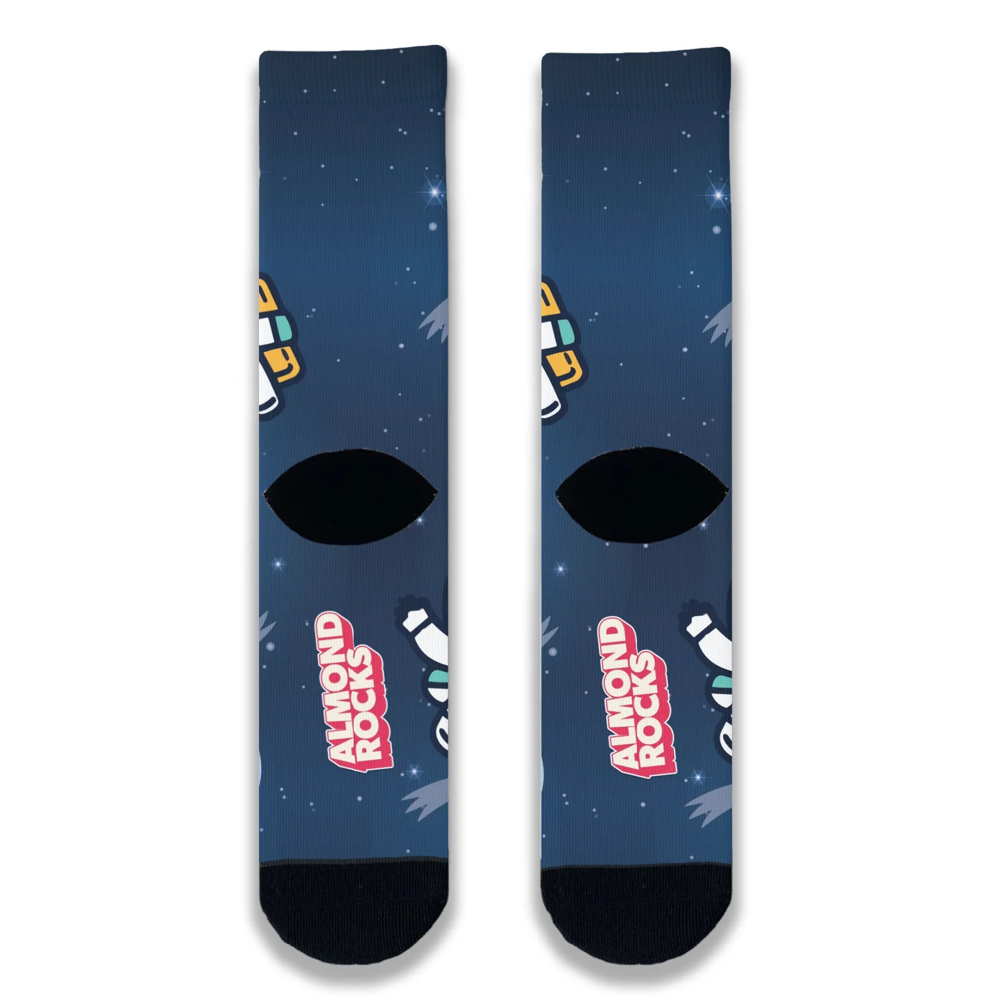 Back view of navy space-themed novelty socks continuing the star and galaxy pattern across the heel and ankle.