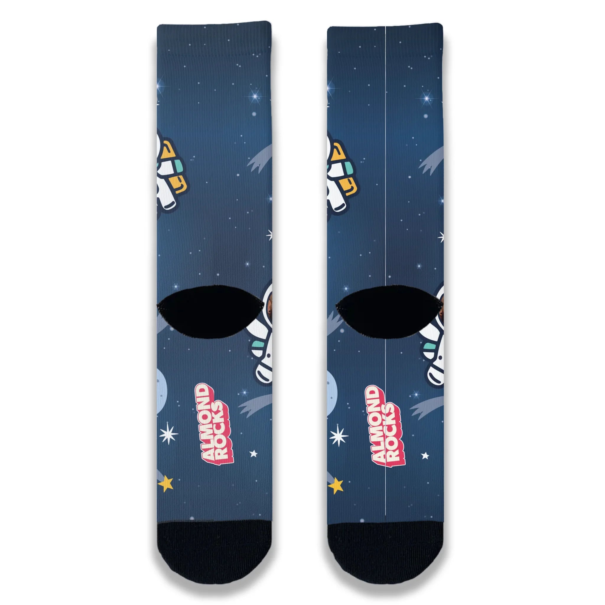 Back view of navy space-themed novelty socks continuing the star and galaxy pattern across the heel and ankle.