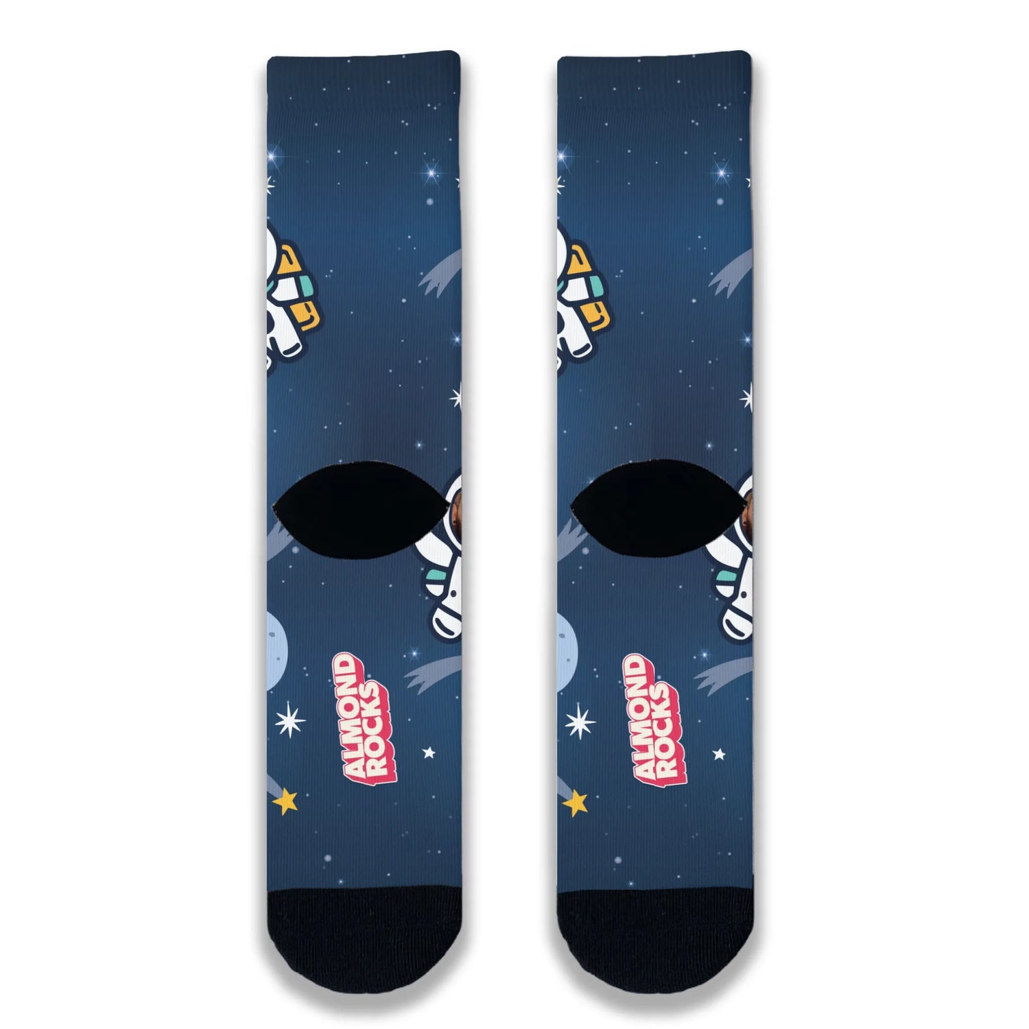 Back view of navy space-themed novelty socks continuing the star and galaxy pattern across the heel and ankle.
