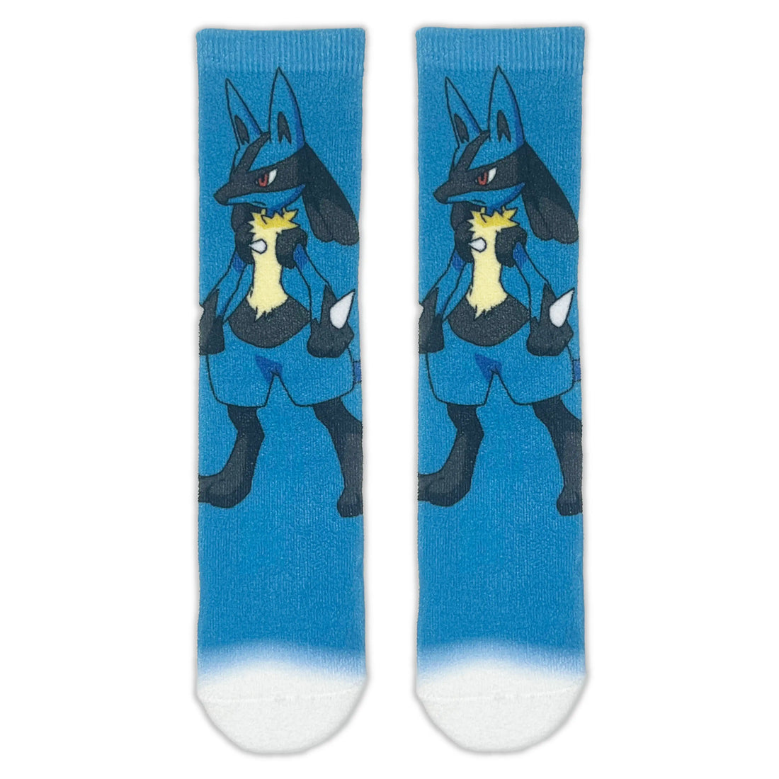 A pair of crew socks featuring a blue gradient background with a printed graphic of the Pokémon character Lucario in the center of each sock, finished with white toe caps.