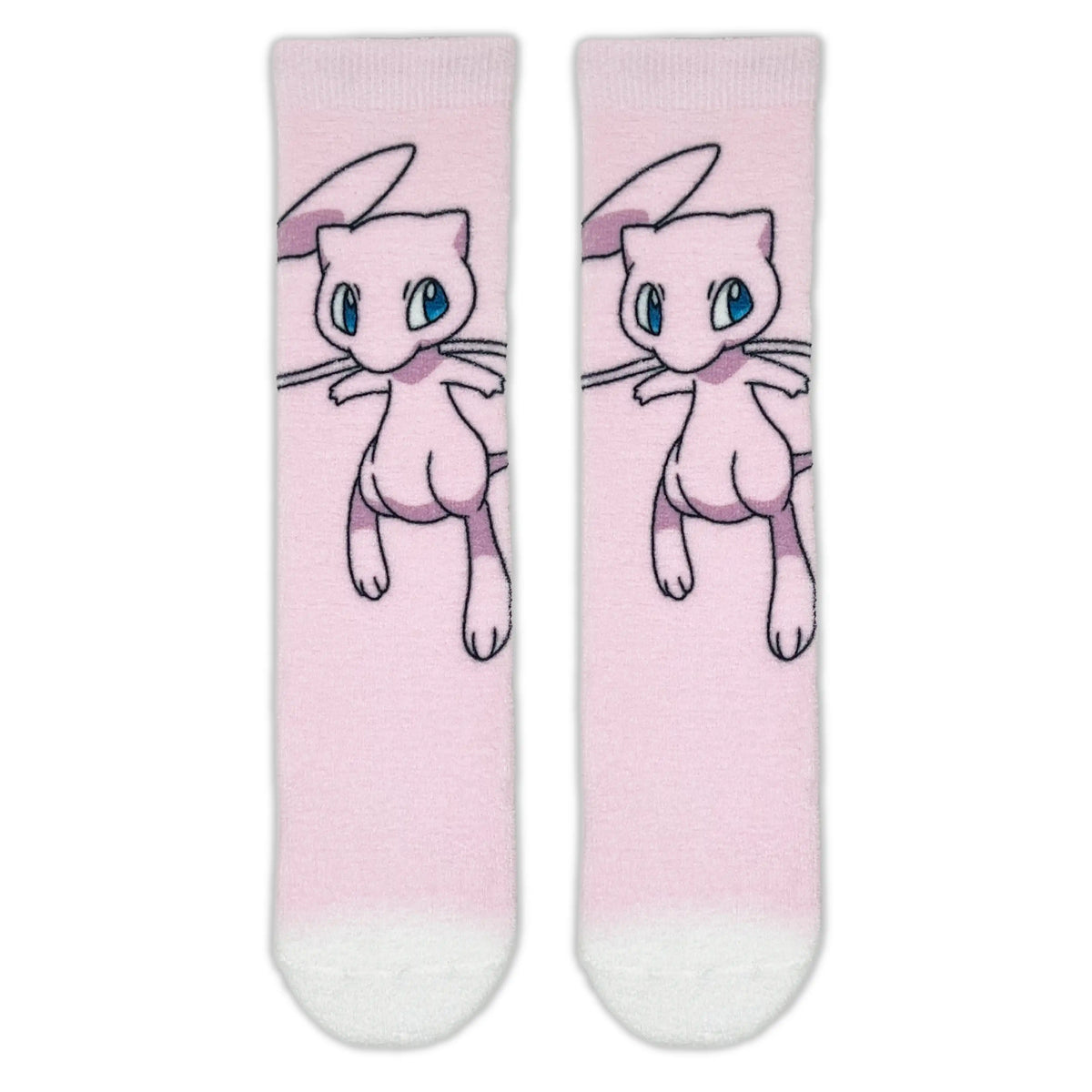 A pair of pink crew socks featuring a mew and white stripes, shown on a plain white background.