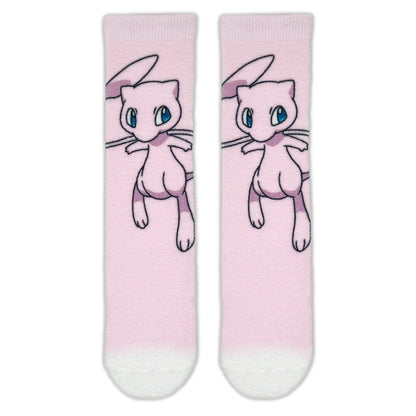 A pair of pink crew socks featuring a mew and white stripes, shown on a plain white background.