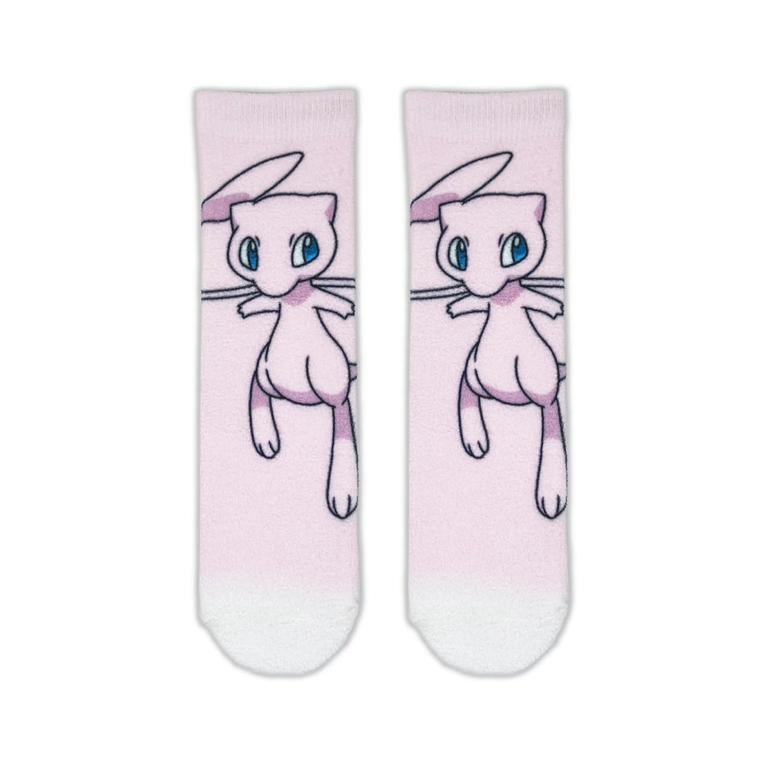 A pair of light pink crew socks featuring a printed illustration of Mew, a pink cat-like Pokémon, with blue eyes. The socks have a white toe and heel section.