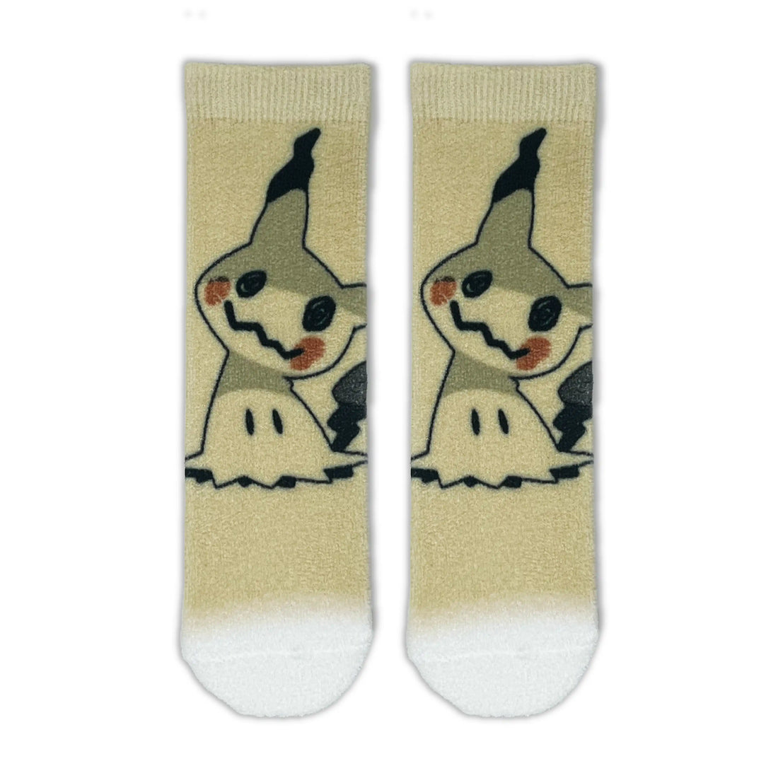 A pair of beige crew socks featuring a Mimikyu on the upper half and white tips at the bottom, shown against a plain white background.