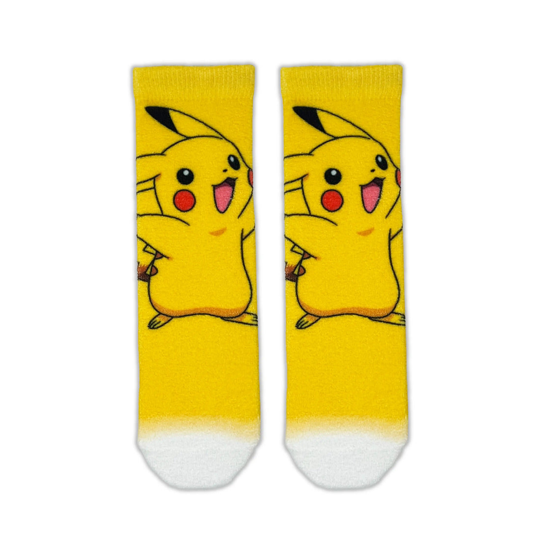 A pair of yellow crew socks featuring a printed Pikachu character design and white tips, shown against a plain white background.