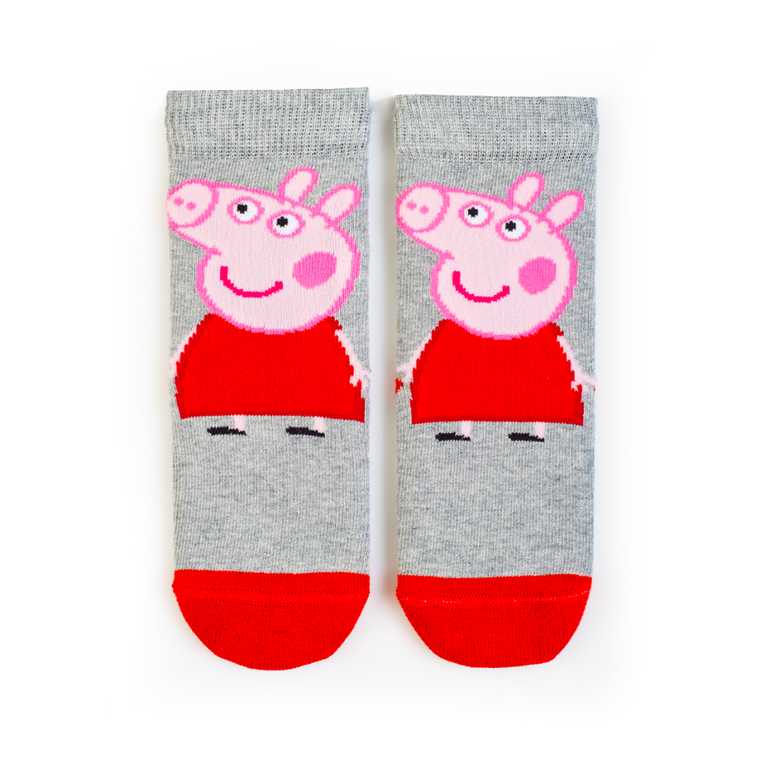Pair of socks with Peppa Pig design on a grey background