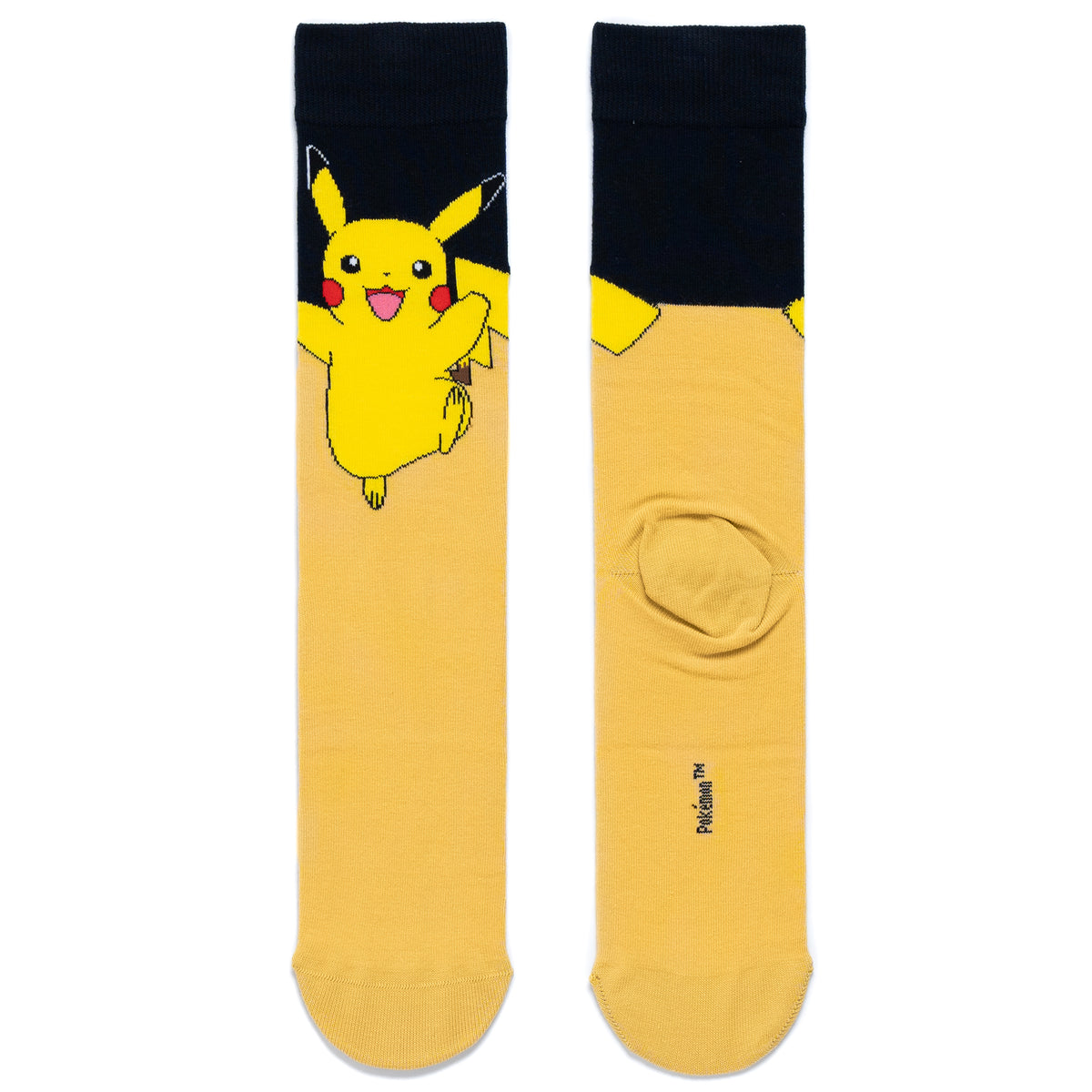 A pair of adult sized Pikachu socks. Front and back view. Black at the top and yellow from half way down and a character model on top.