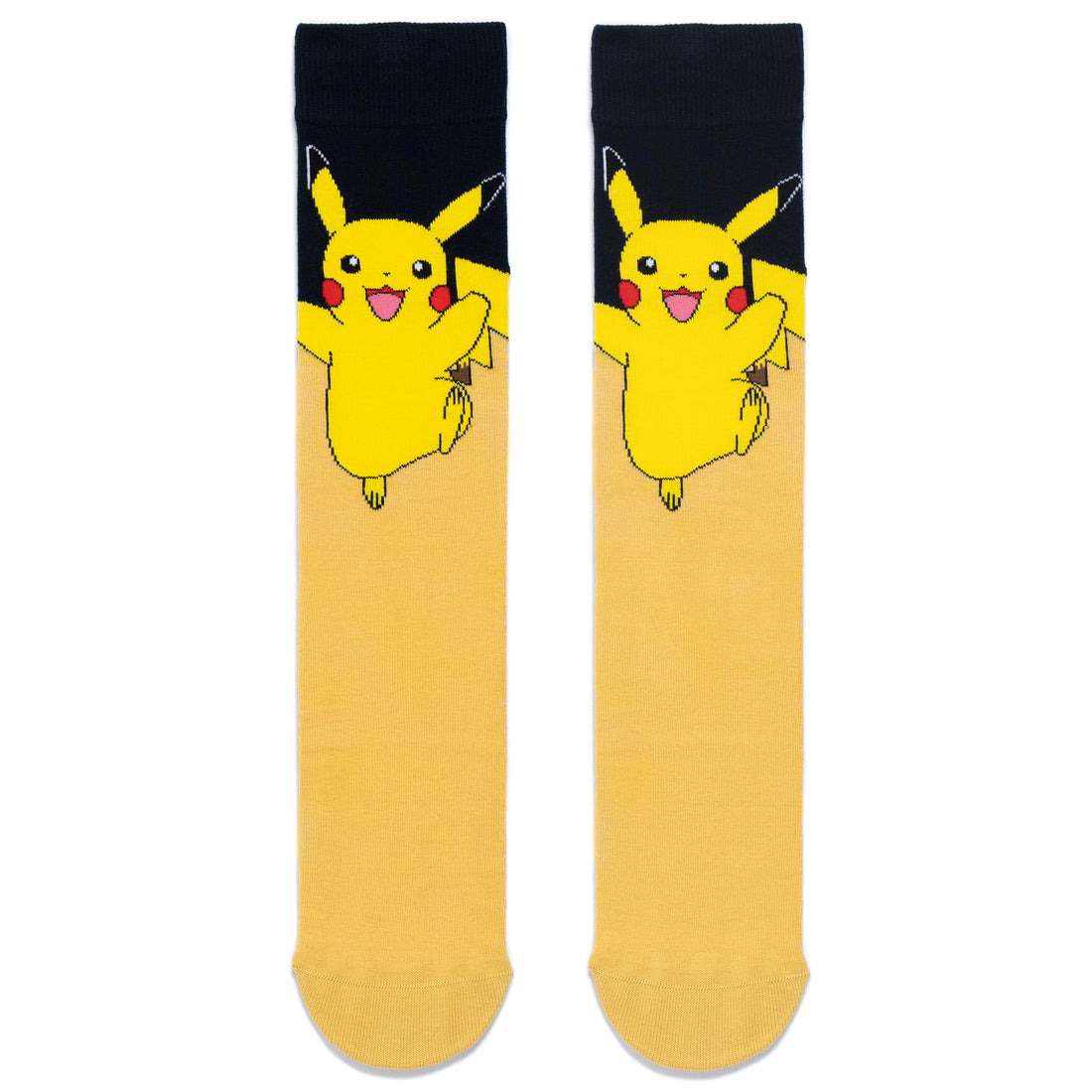 A pair of adult sized Pikachu socks. Black at the top and yellow from half way down and a character model on top.