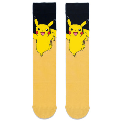 A pair of adult sized Pikachu socks. Black at the top and yellow from half way down and a character model on top.