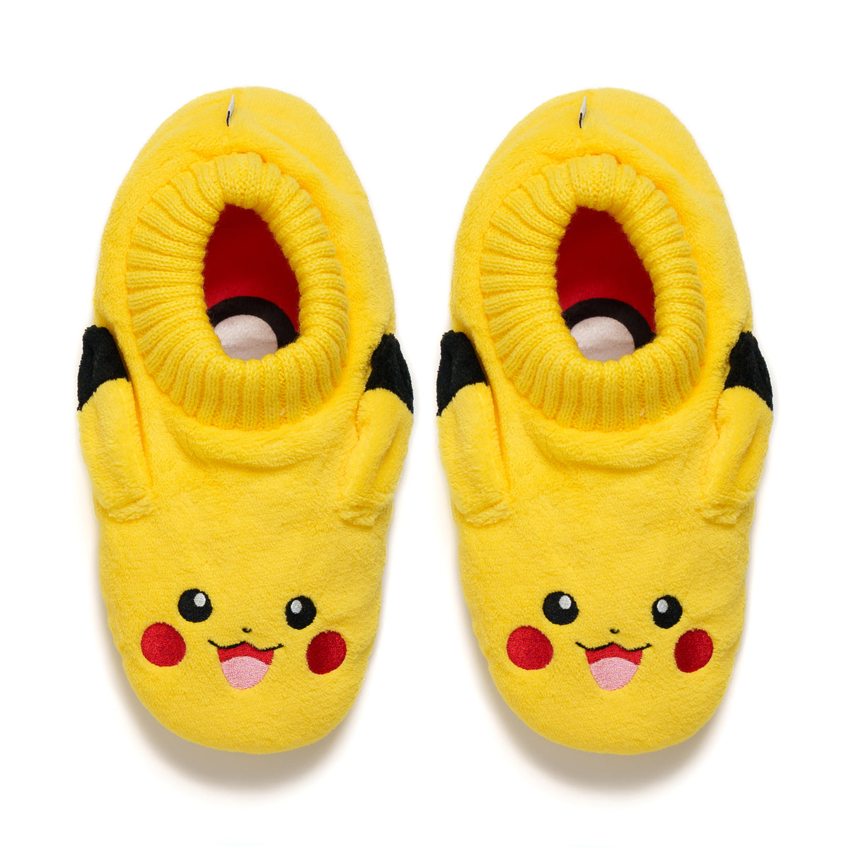 A pair of plush yellow slippers designed like Pikachu, featuring embroidered facial features, red cheeks, black ear accents, and a ribbed knit opening, shown on a white background.