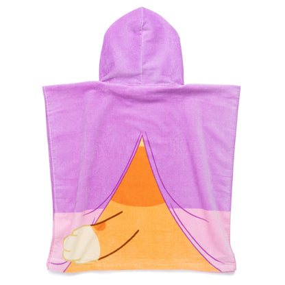 Back profile of Rita poncho towel, hood up