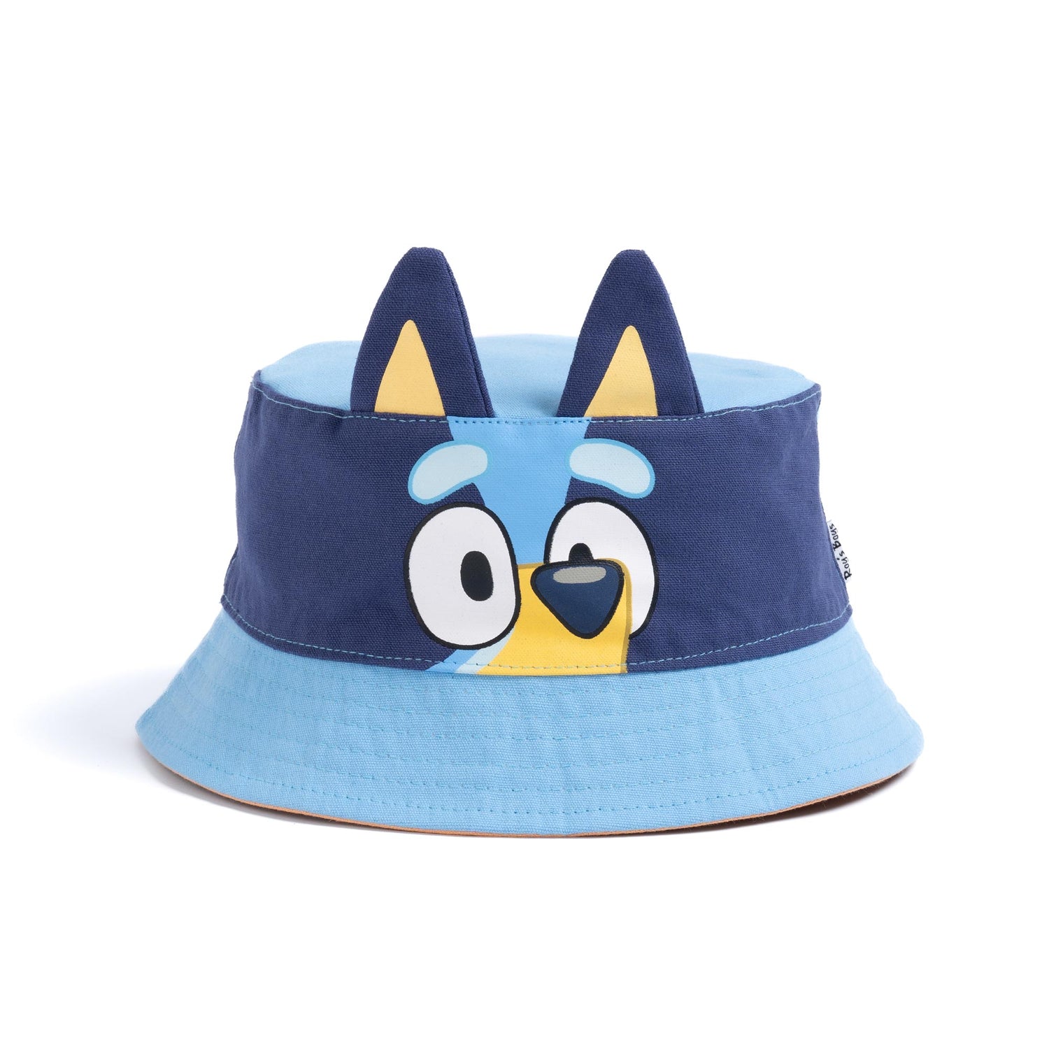 Front profile of the blue Bluey kids reversible bucket hat featuring character ears