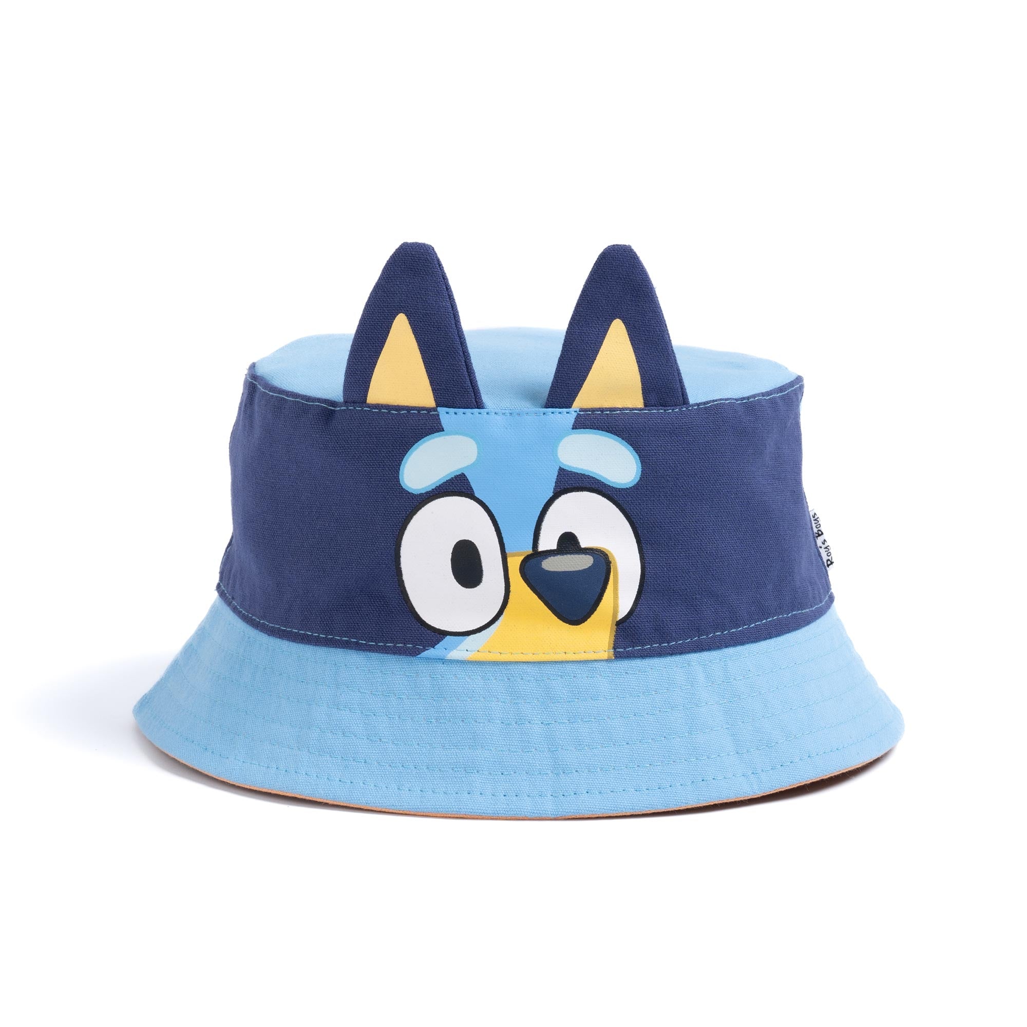 Front profile of the blue Bluey kids reversible bucket hat featuring character ears