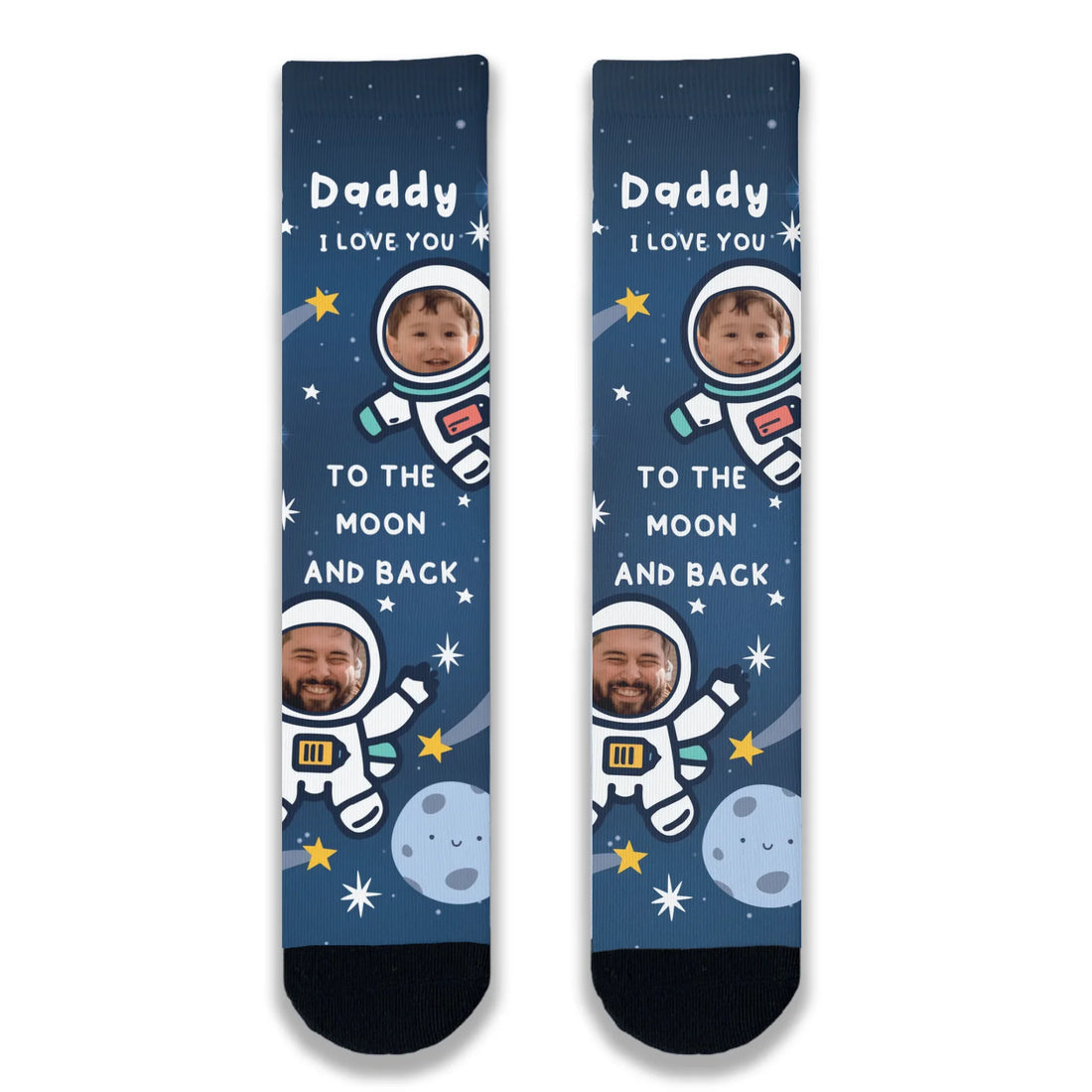 Navy space-themed novelty socks featuring stars and two astronauts with custom parent and child face prints in the helmet visors