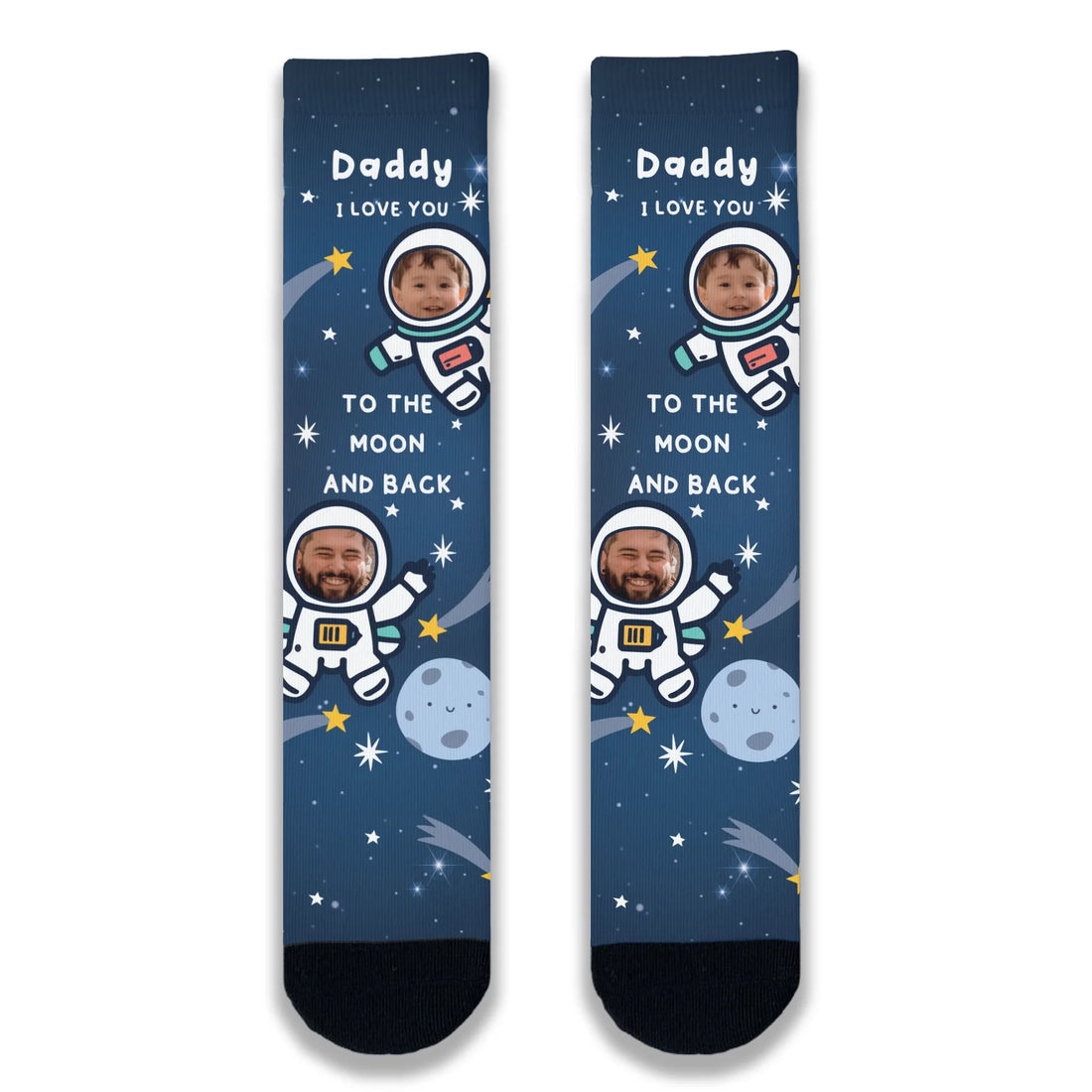 Navy space-themed novelty socks featuring stars and two astronauts with custom parent and child face prints in the helmet visors