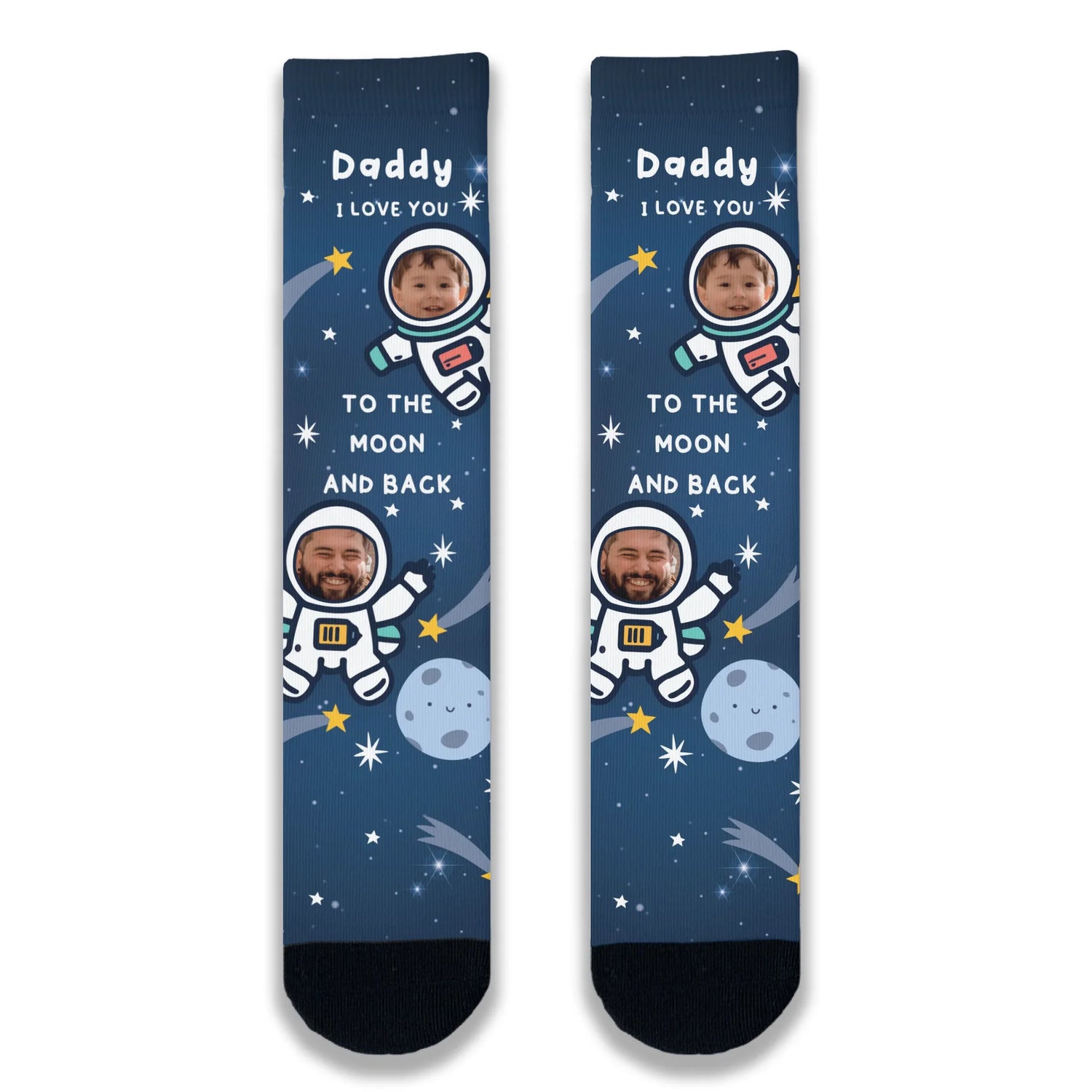 Navy space-themed novelty socks featuring stars and two astronauts with custom parent and child face prints in the helmet visors