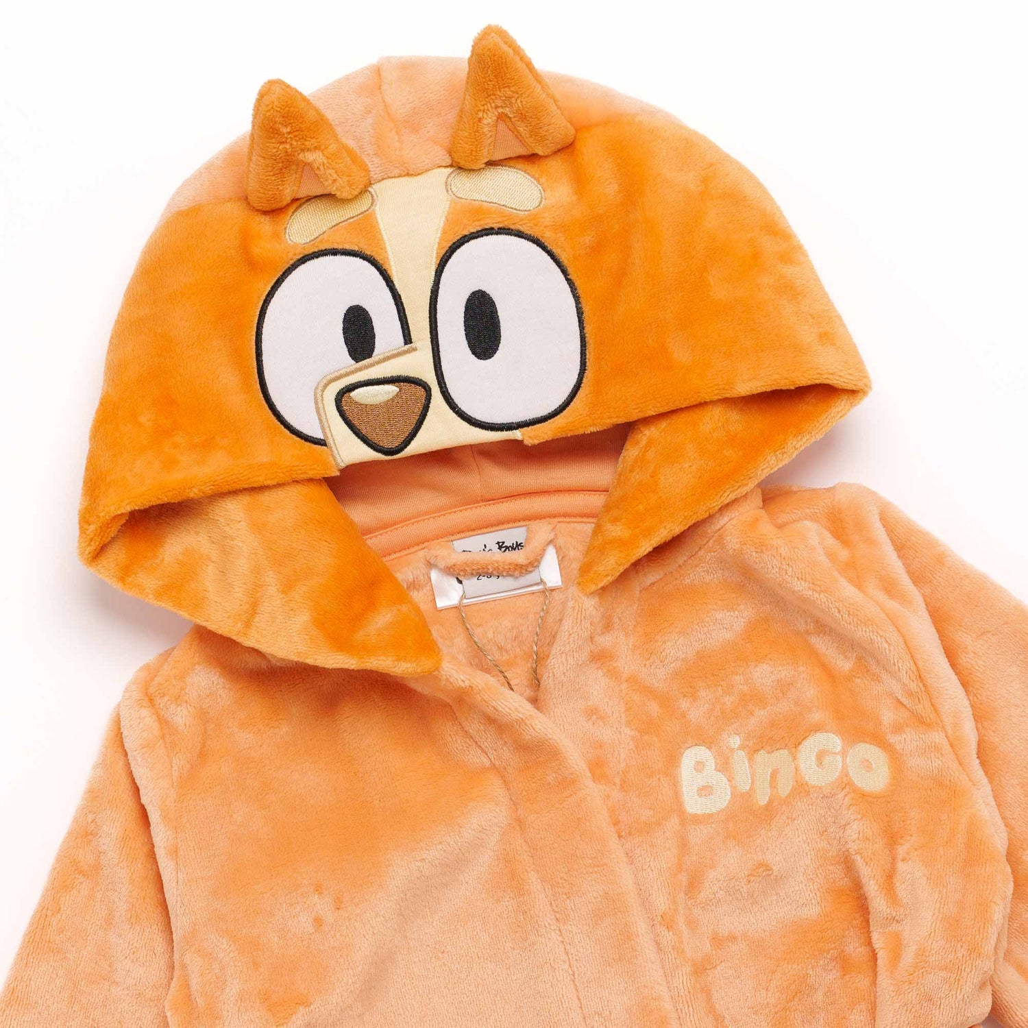 Zoomed in on Bingo dressing gown hood, featuring Bingo&