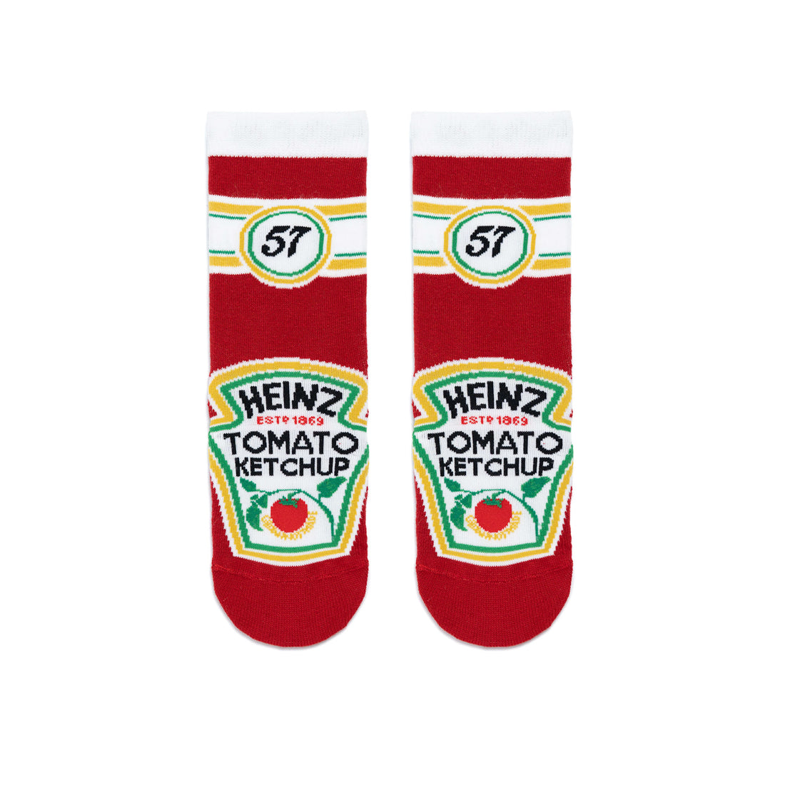 Red novelty socks featuring the classic Heinz Tomato Ketchup keystone label and the iconic 57 logo